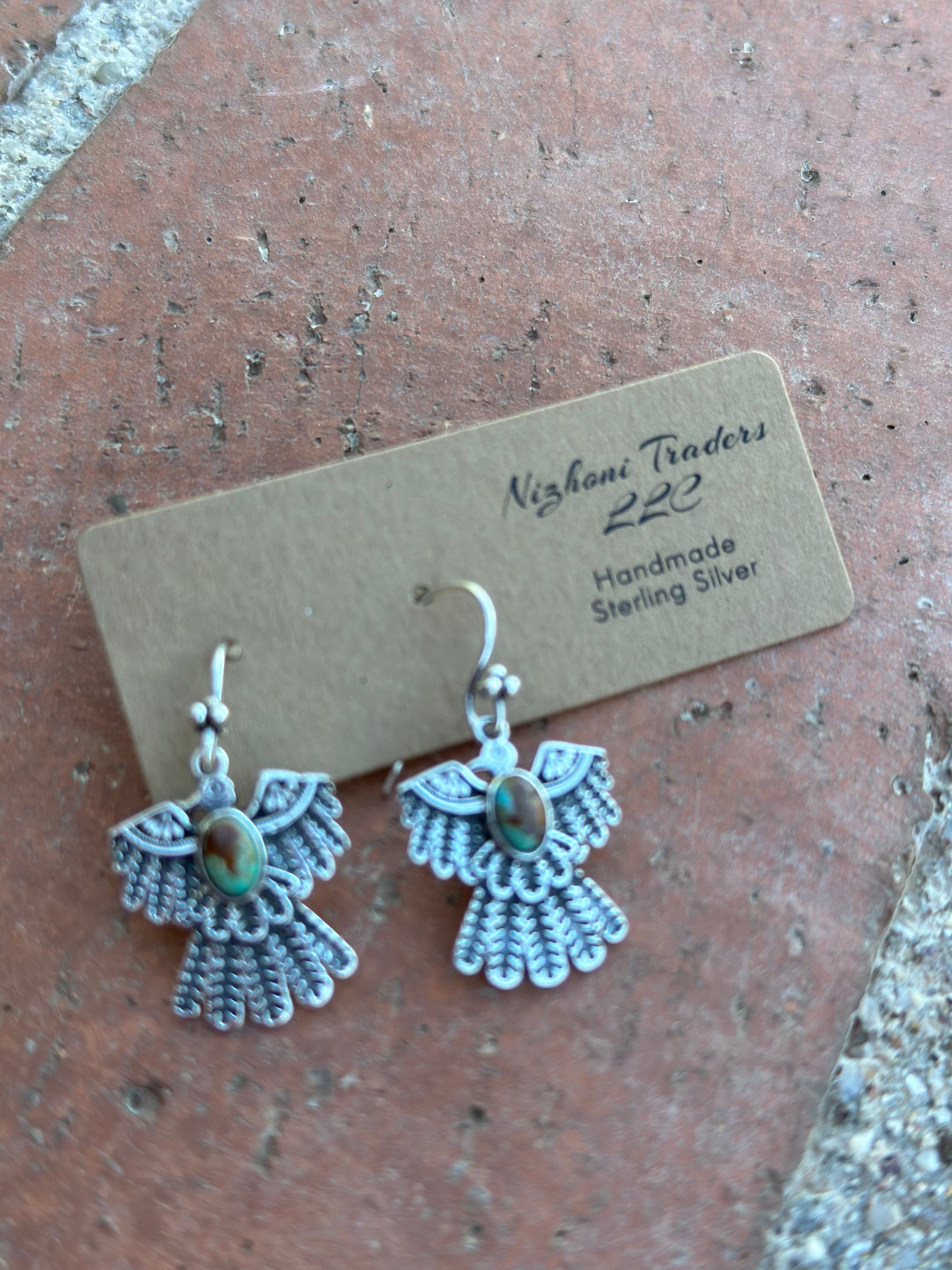 Handmade Royston Turquoise & Sterling Silver Thunderbird Dangle Earrings