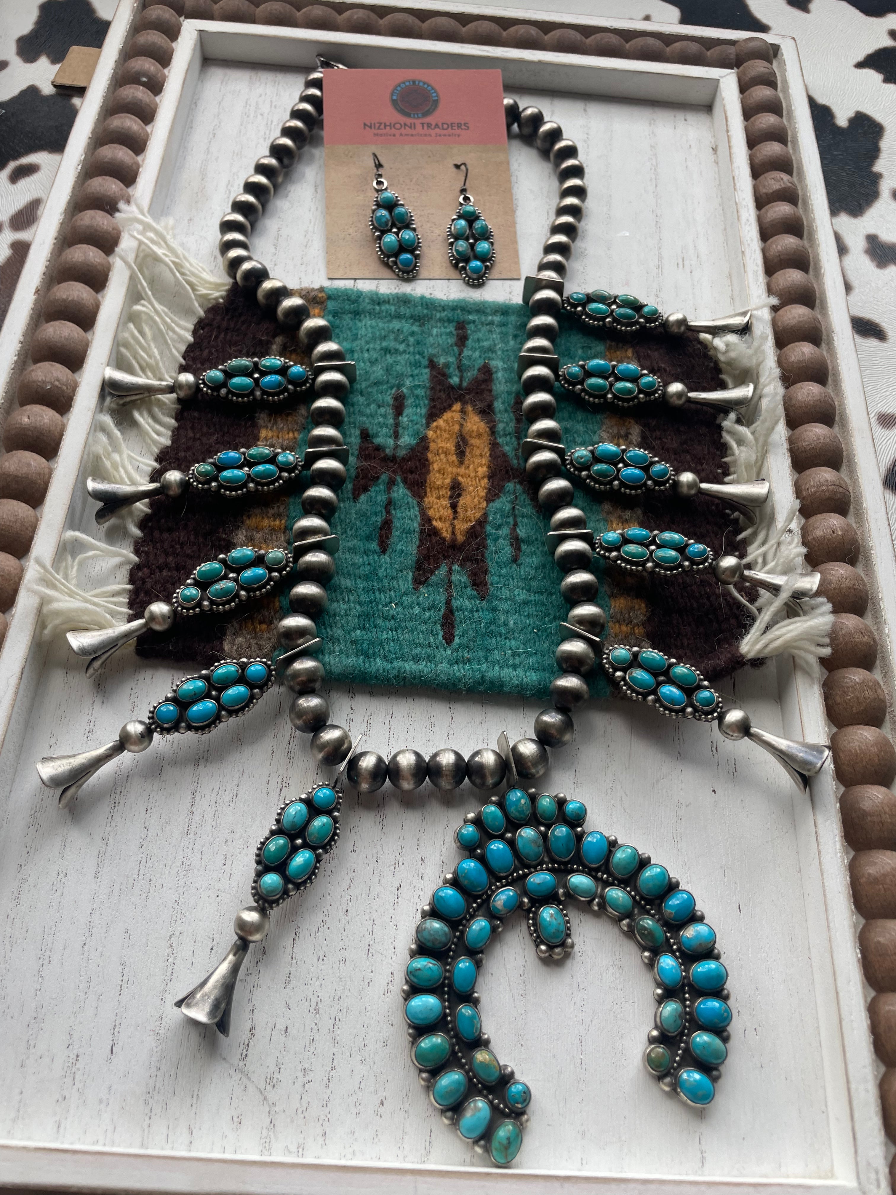 Navajo Royston Turquoise & Sterling Squash Blossom Set Signed