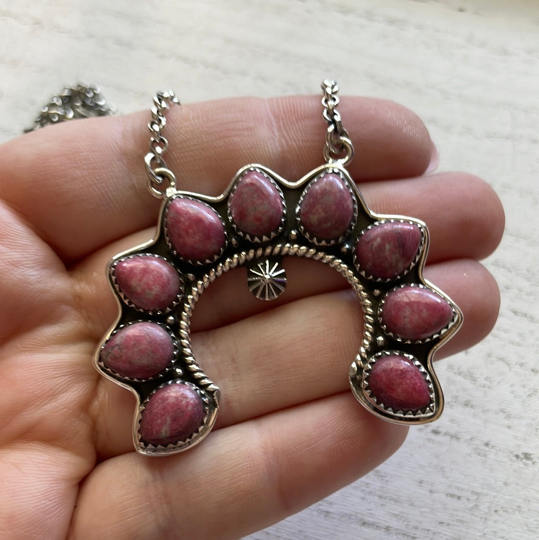 Handmade Sterling Silver & Rhodonite Naja Necklace Signed Nizhoni