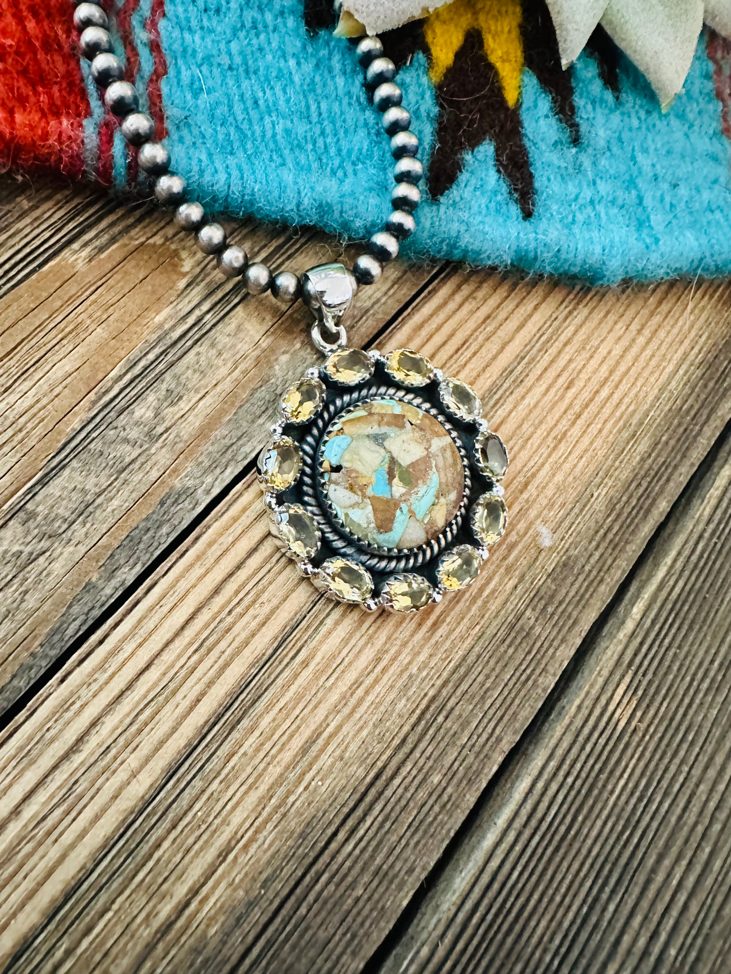 Handmade Sterling Silver, Turquoise & Citrine Cluster Pendant