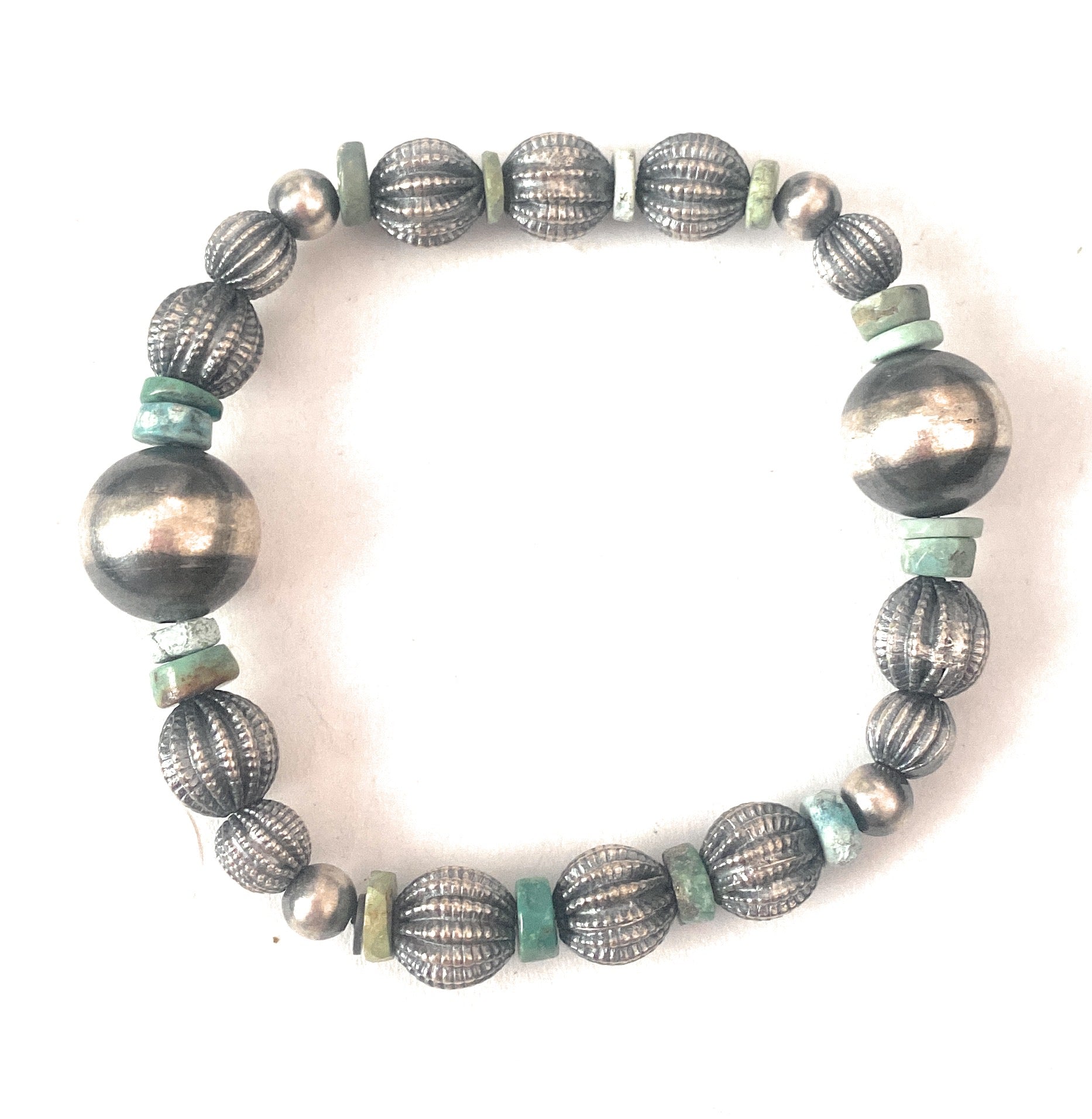 Handmade Turquoise & Sterling Silver Beaded Stretch Bracelet