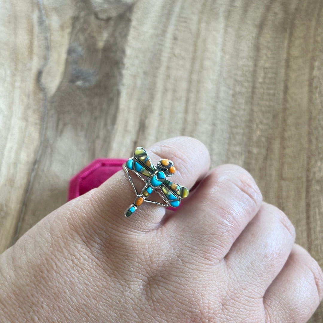 Navajo Sterling Silver Multi Stone Dragonfly Ring Signed