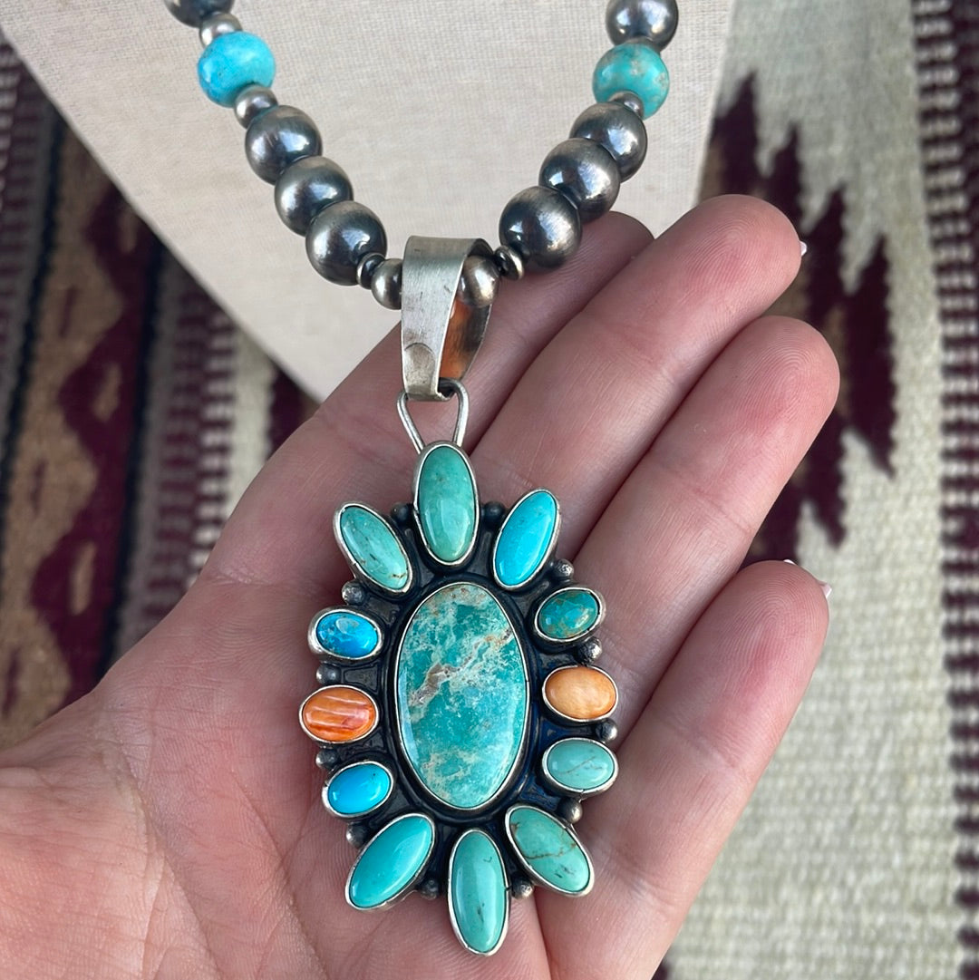 Beautiful Navajo Sterling Silver, Spiny & Turquoise Necklace Signed Sheila Becenti