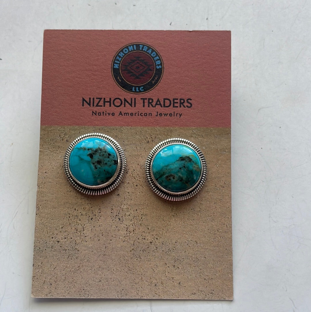 Navajo Sterling Silver & Turquoise Circle Stud Earrings Signed Wydell Billie