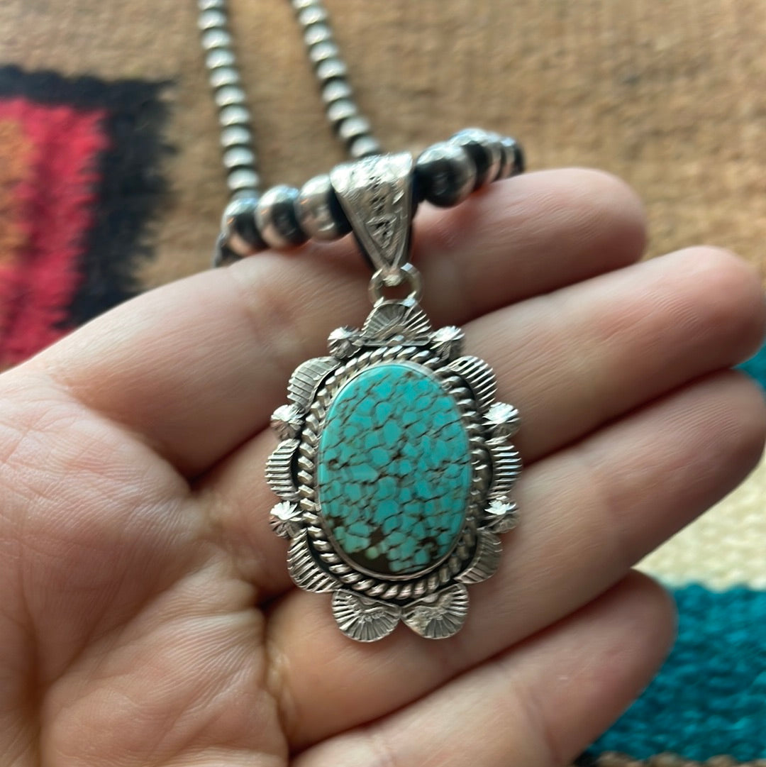 Handmade Sterling Silver & Number 8 Turquoise Pendant Signed Nizhoni