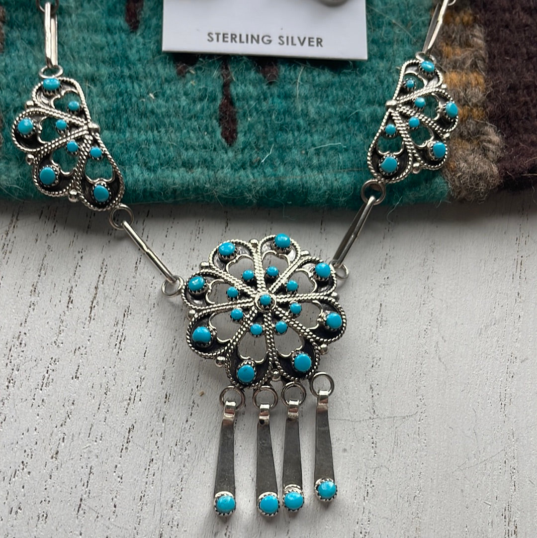 Zuni Sterling Silver & Turquoise Floral Necklace Earrings Set Signed