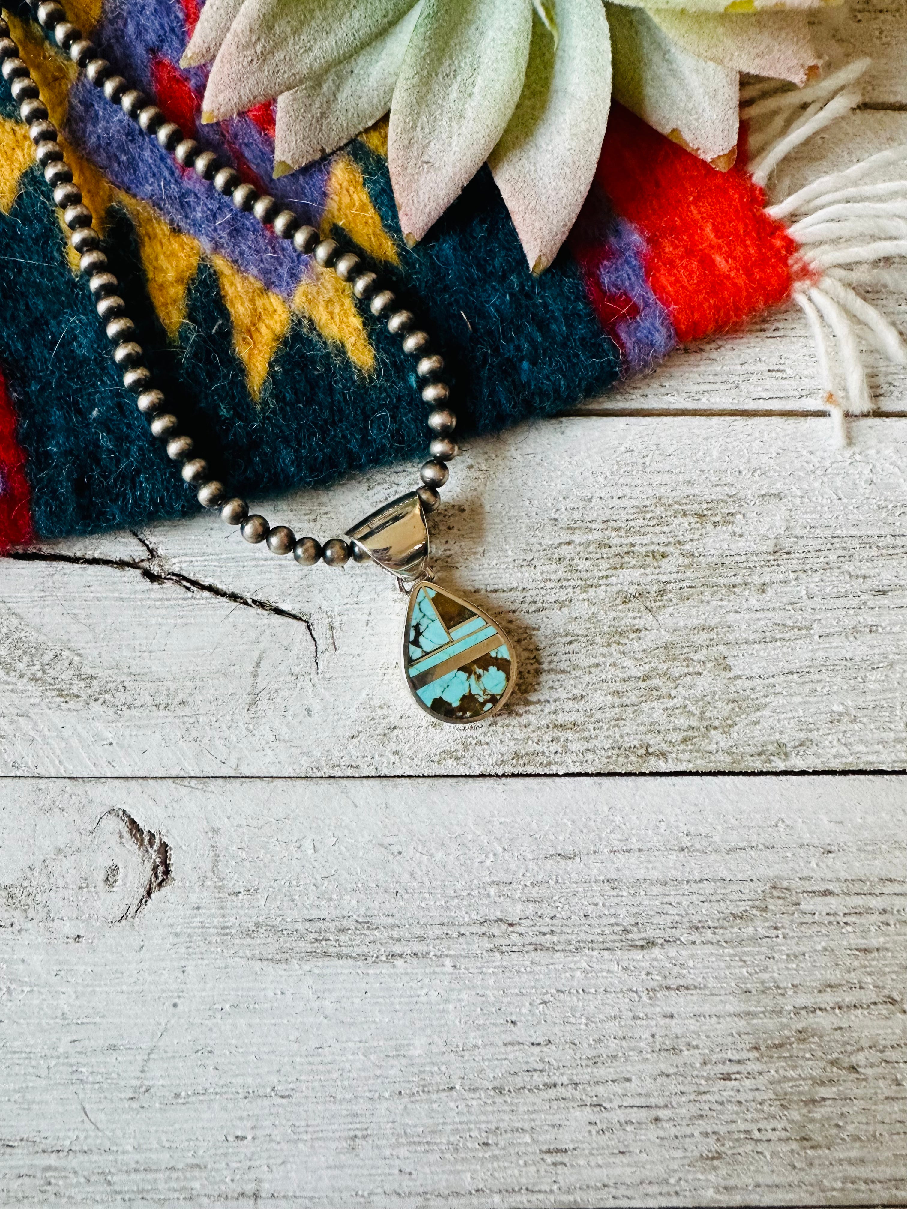 Navajo Number 8 Turquoise & Sterling Silver Teardrop Inlay Pendant