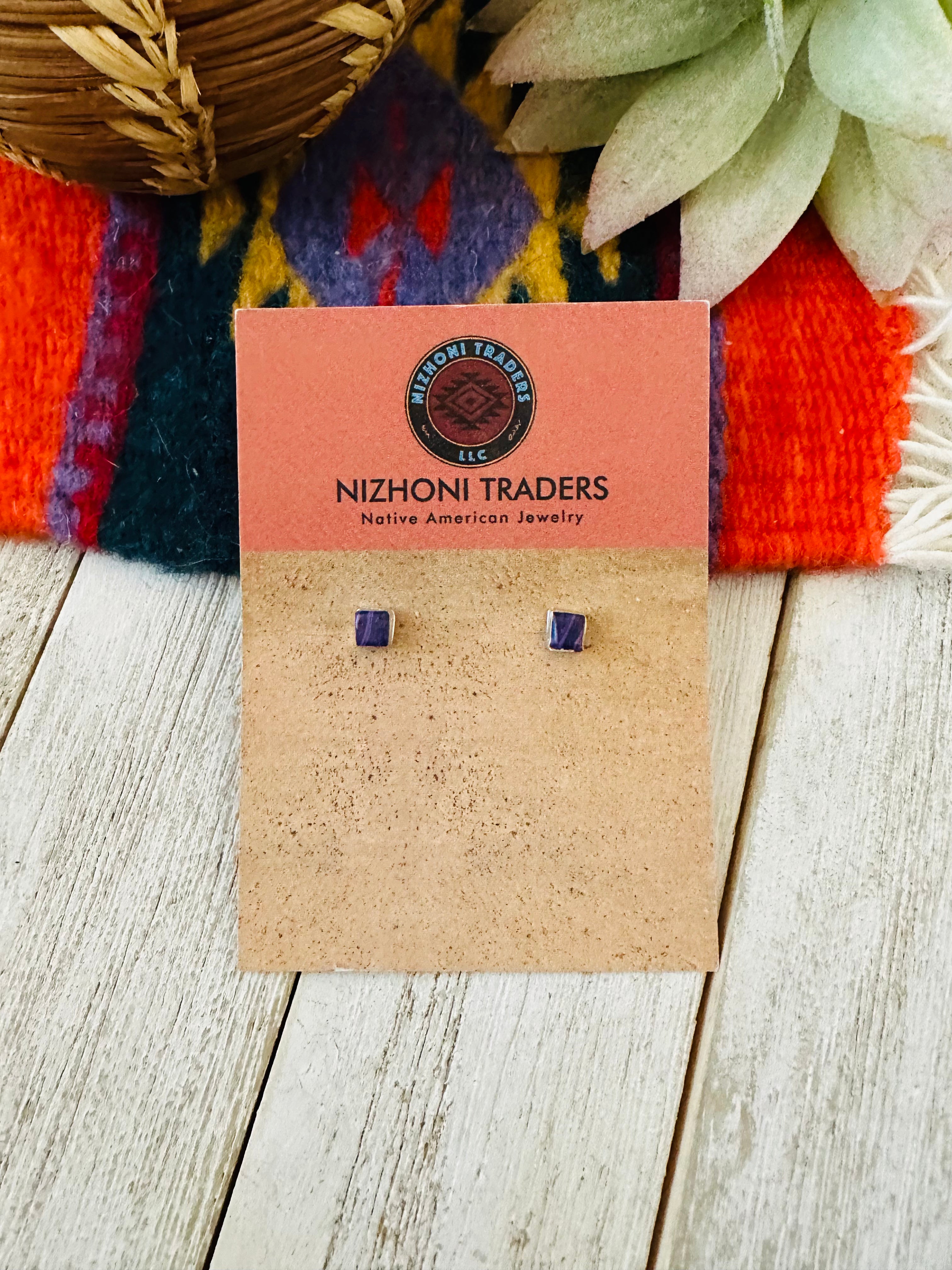 Navajo Charoite & Sterling Silver Diamond Stud Earrings