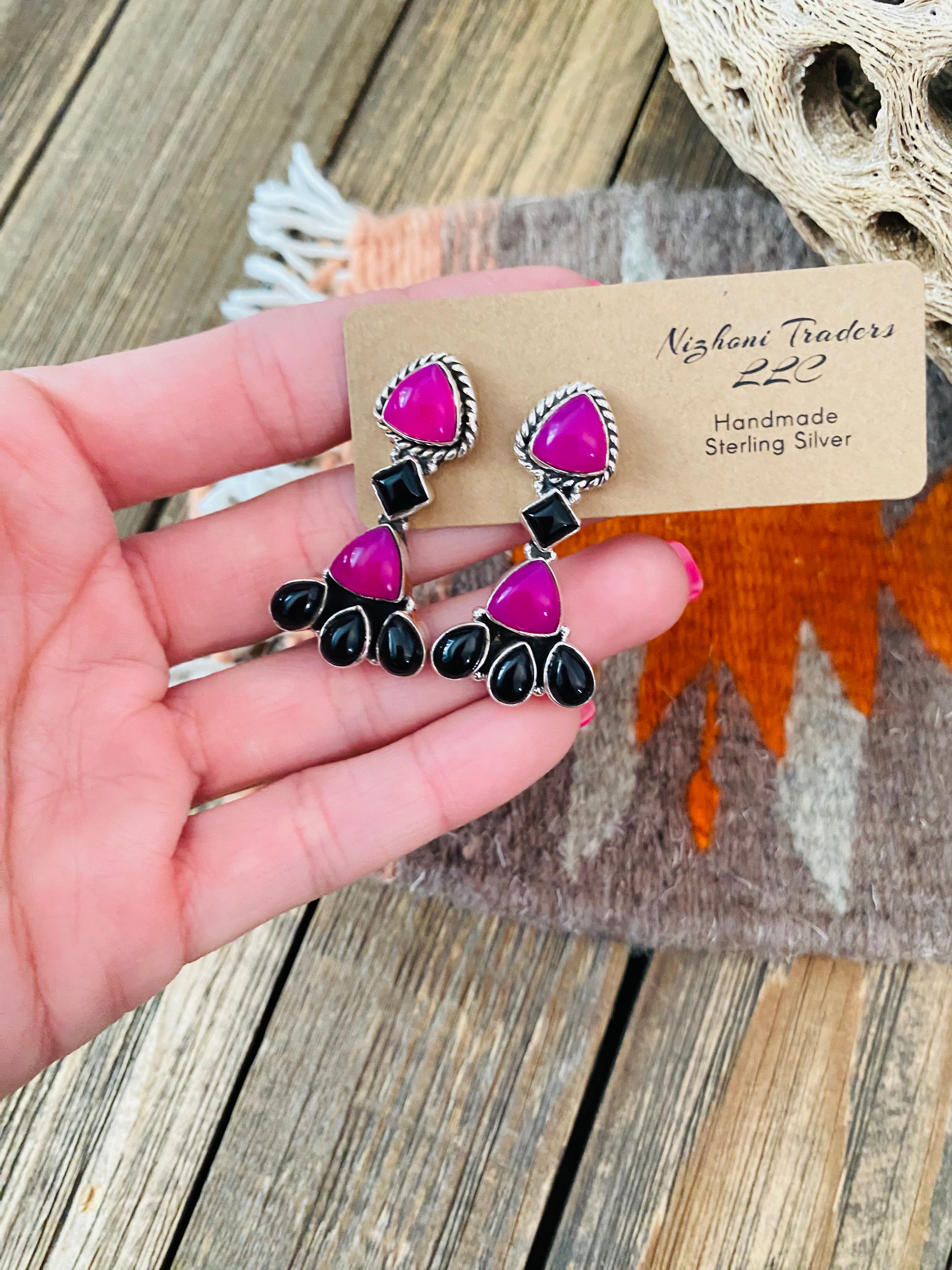 Handmade Pink & Black Onyx Sterling Silver Post Earrings Signed Nizhoni