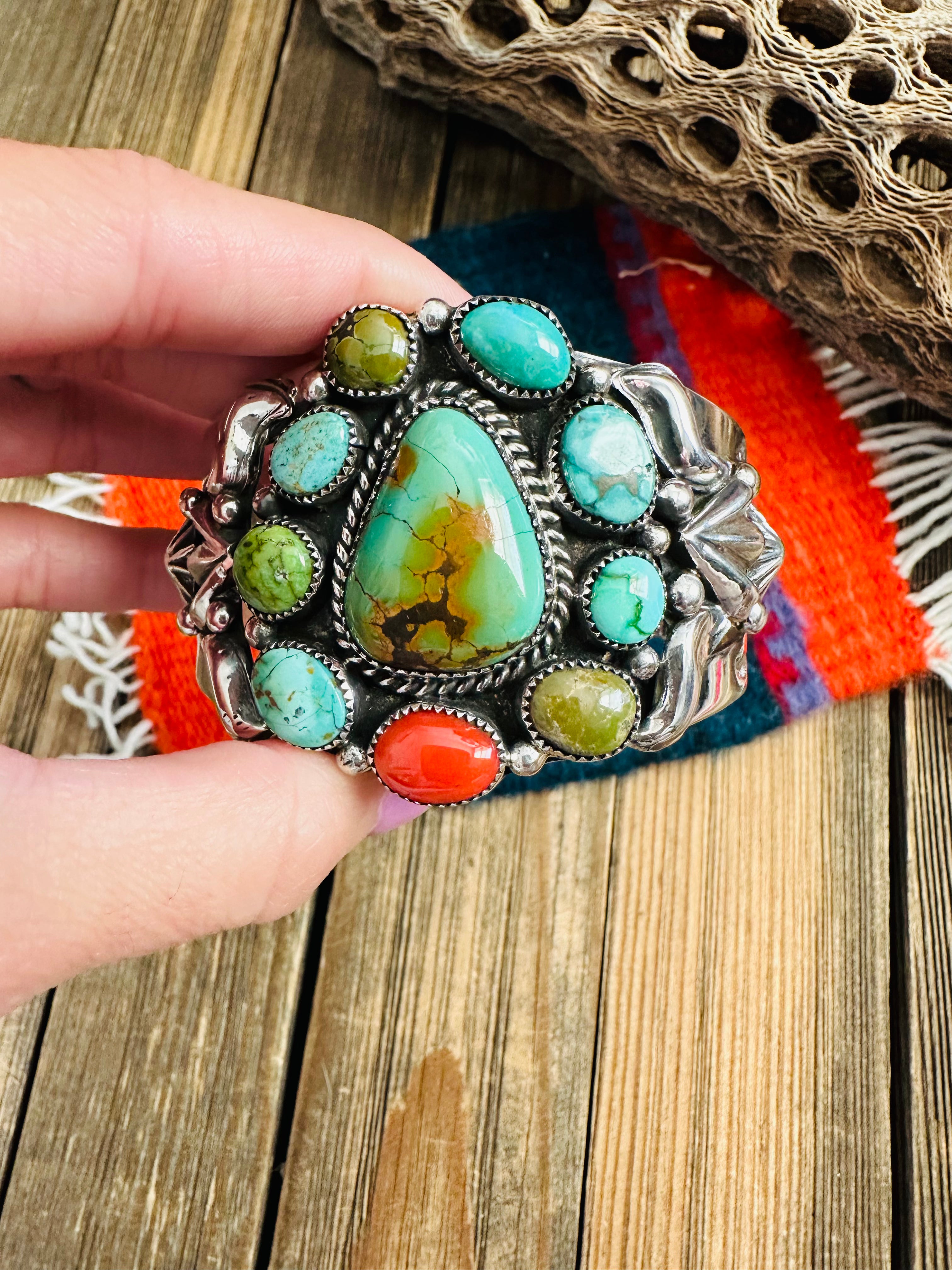 Navajo Old Pawn Turquoise, Coral & Sterling Silver Cuff Bracelet