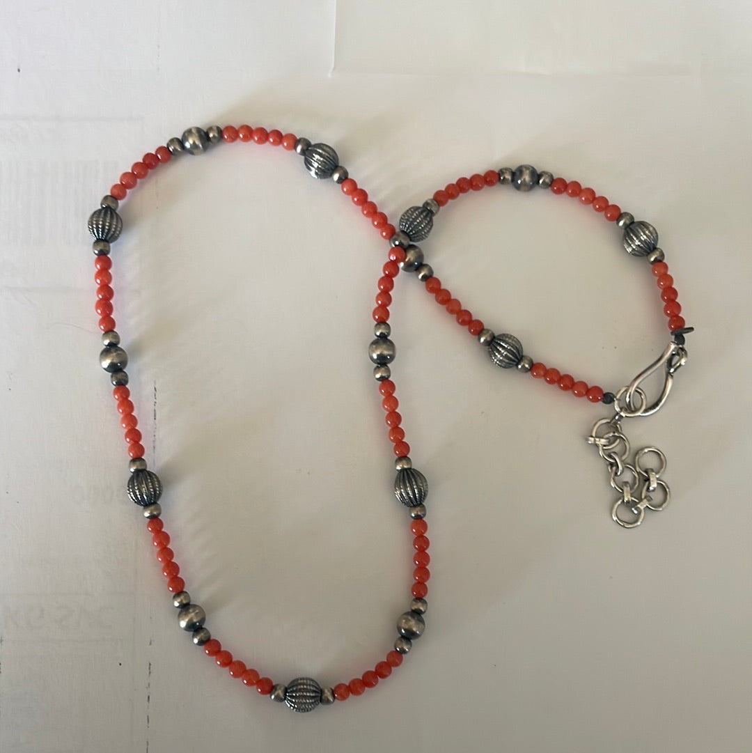 Handmade Beaded Coral & Sterling Silver Necklace