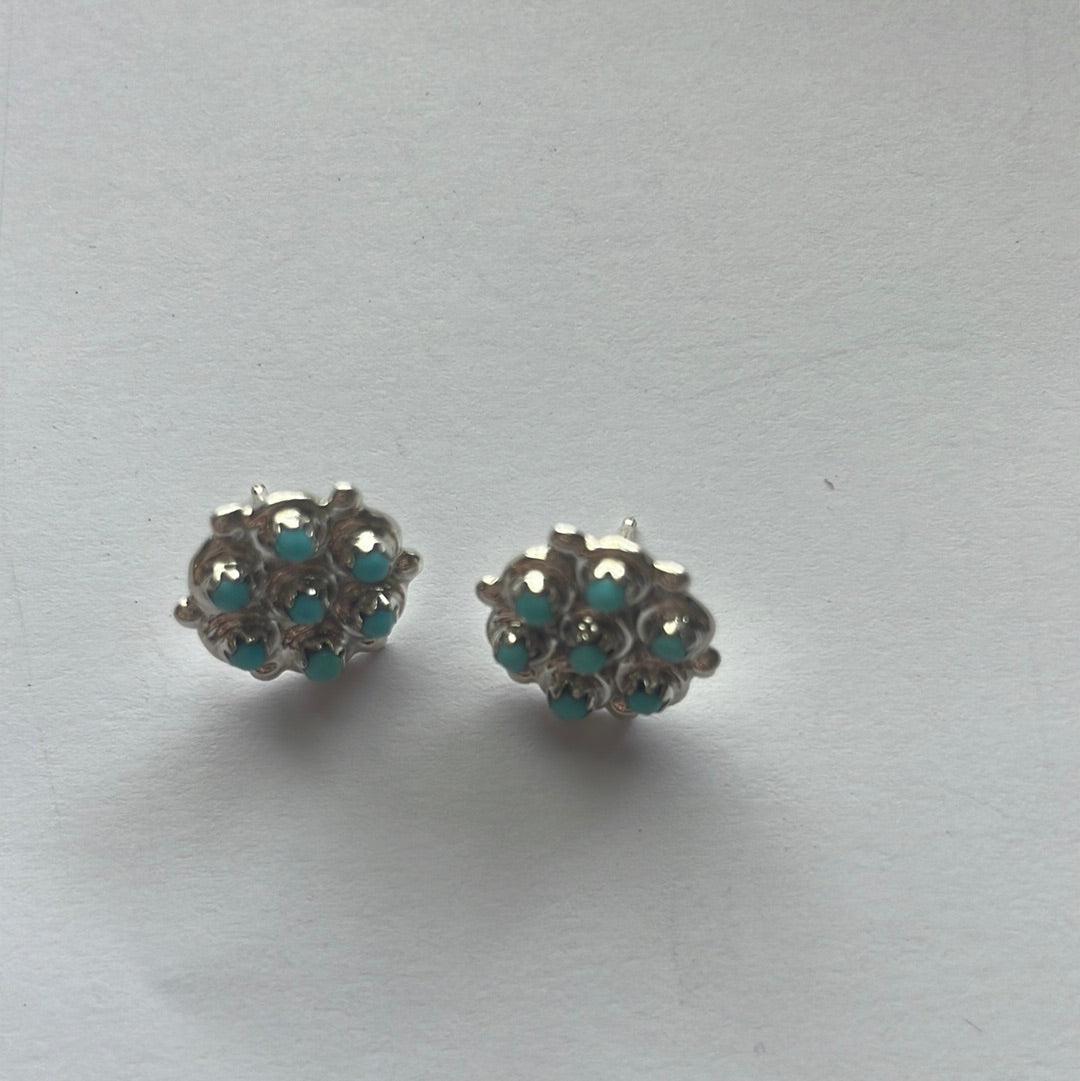 Zuni Sterling Silver & Turquoise 6 Stone Cluster Stud Earrings