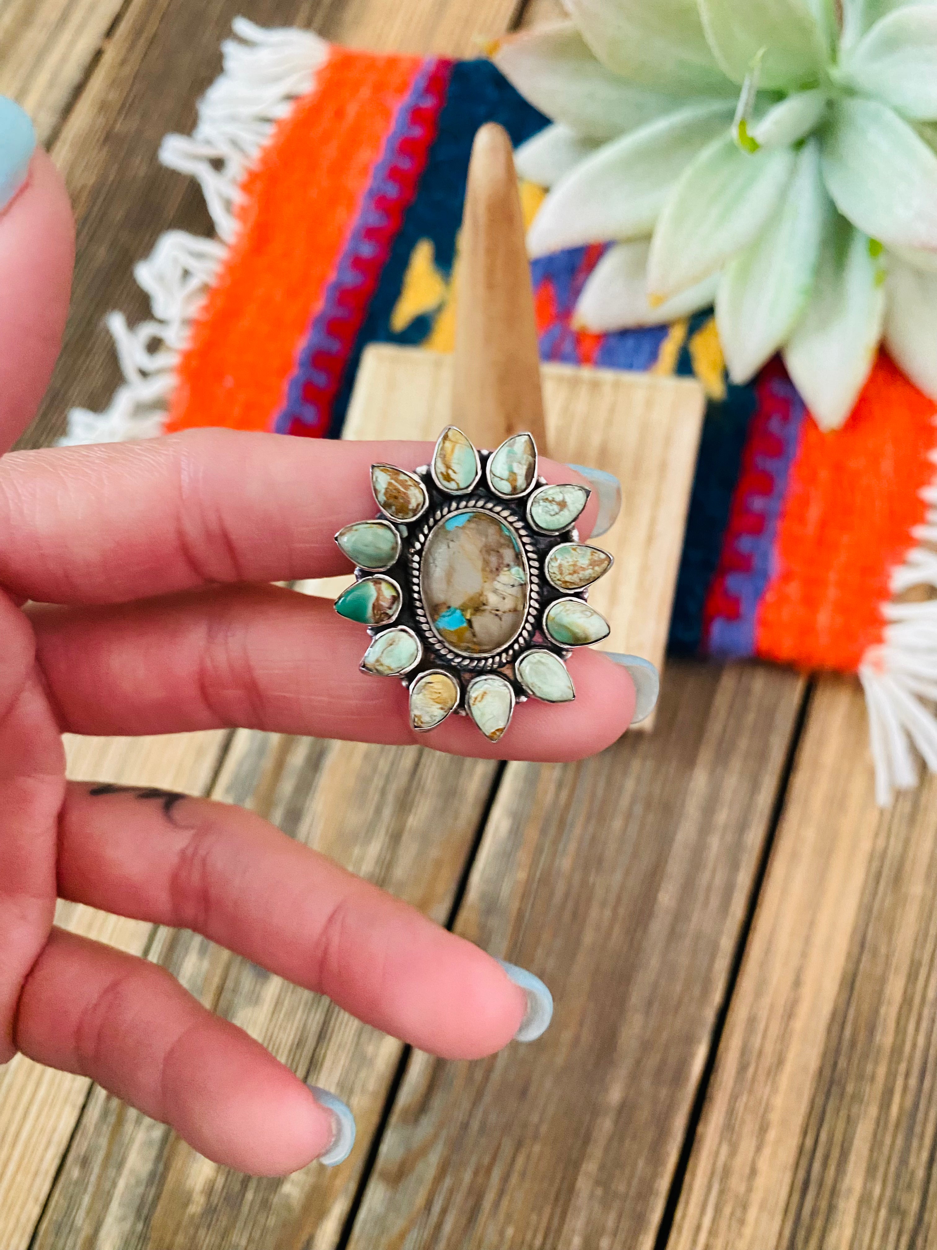 Handmade Sterling Silver & Turquoise Cluster Adjustable Ring