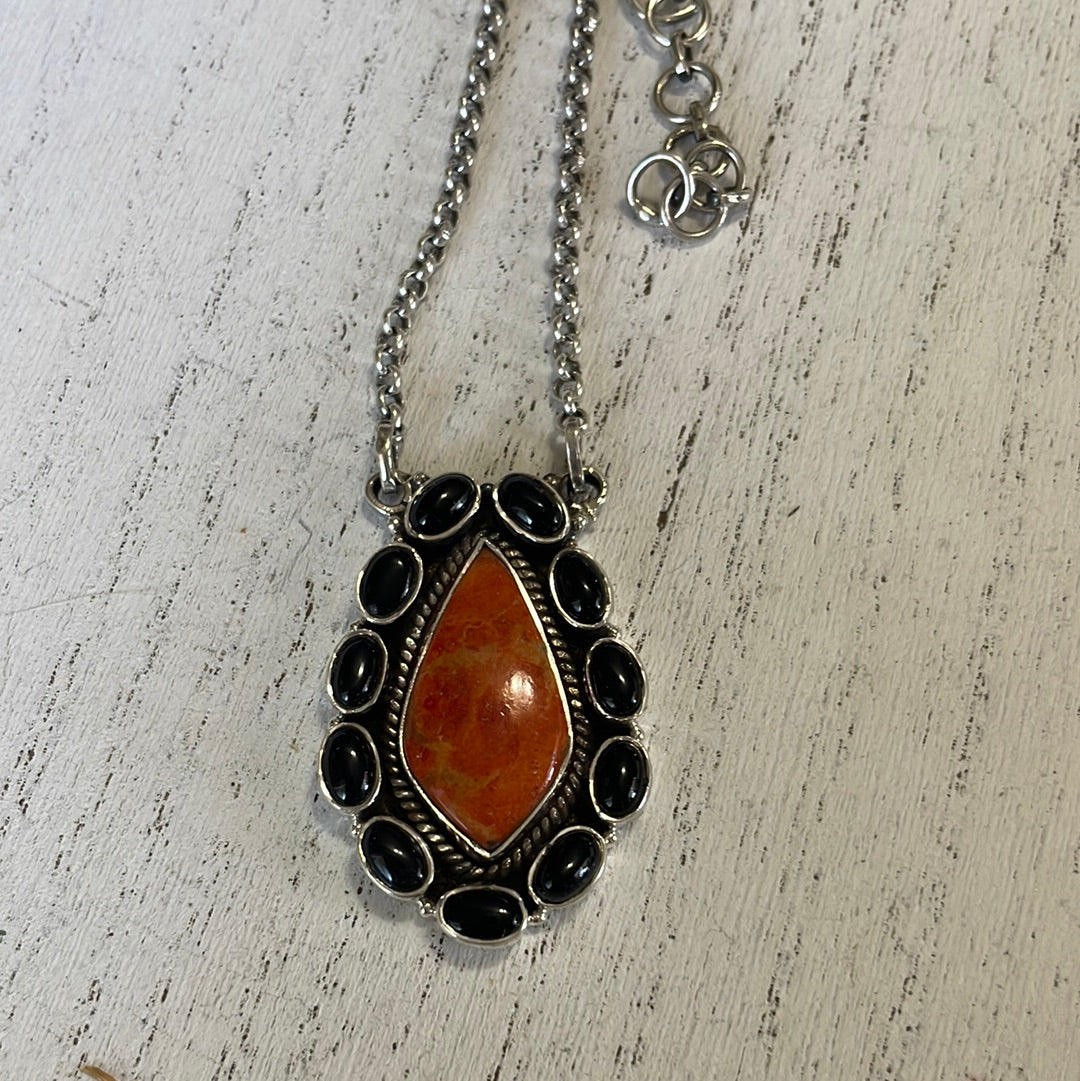 Handmade Sterling Silver, Onyx & Orange Mojave Necklace Signed Nizhoni