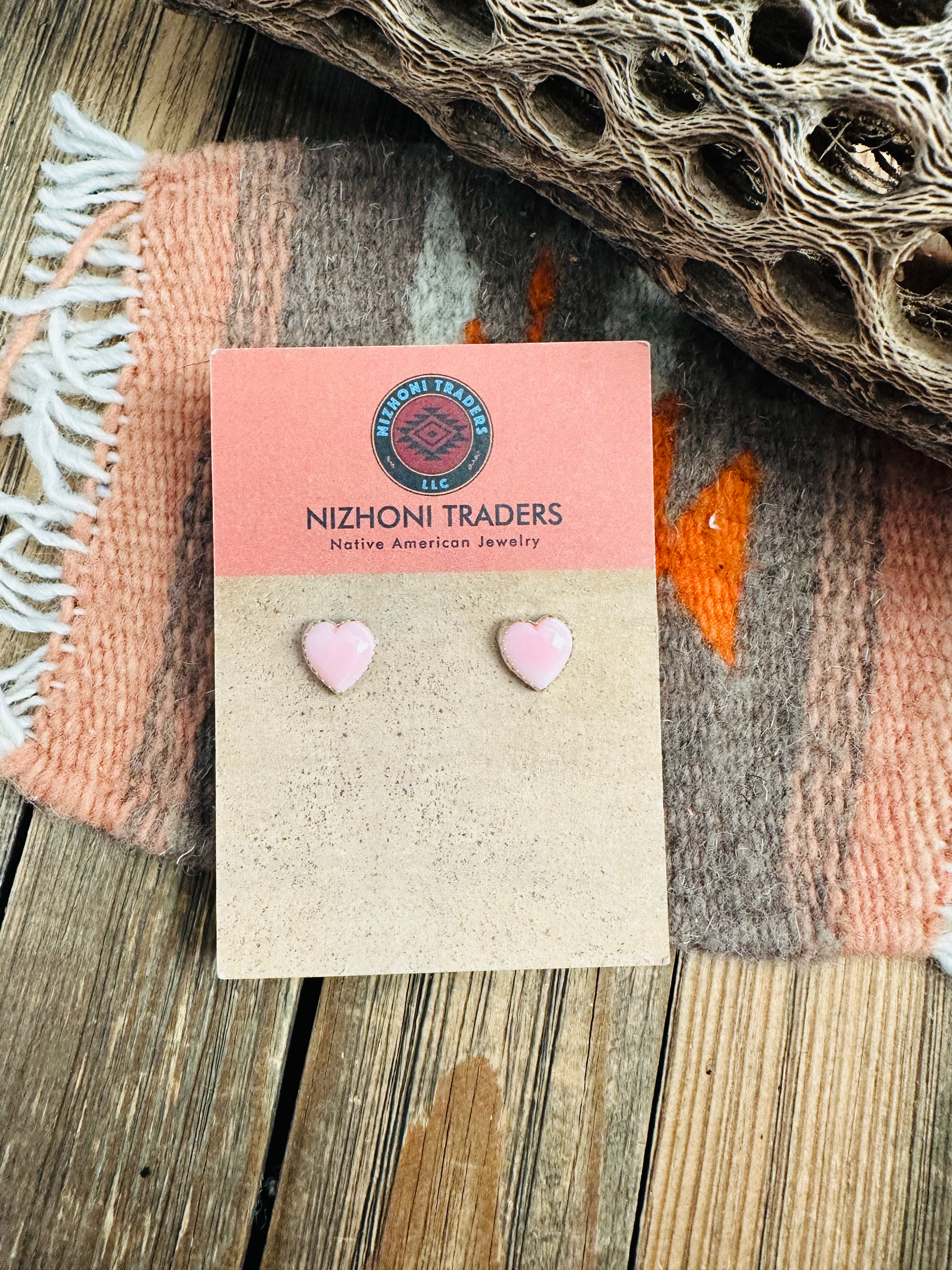 Navajo Queen Pink Conch & Sterling Silver Heart Stud Earrings