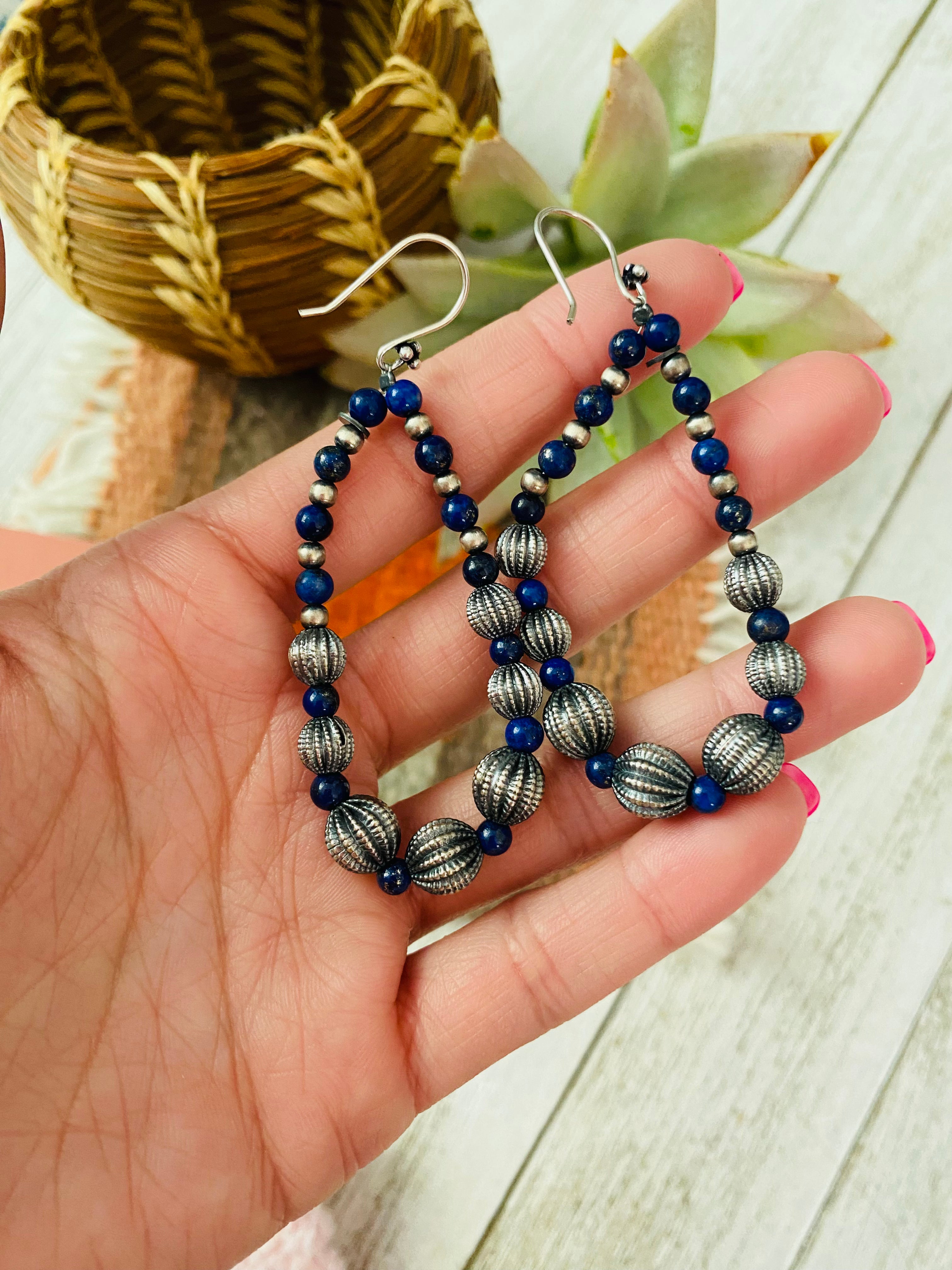 Handmade Lapis And Sterling Silver Beaded Dangle Earrings