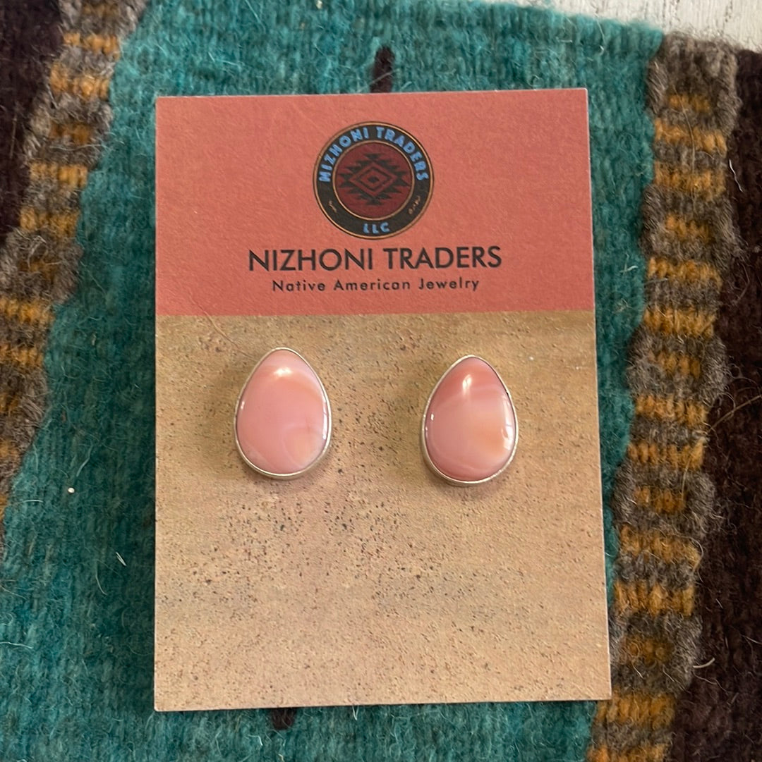 Navajo Sterling Silver &  Pink Conch Tear Drop Stud Earrings Signed