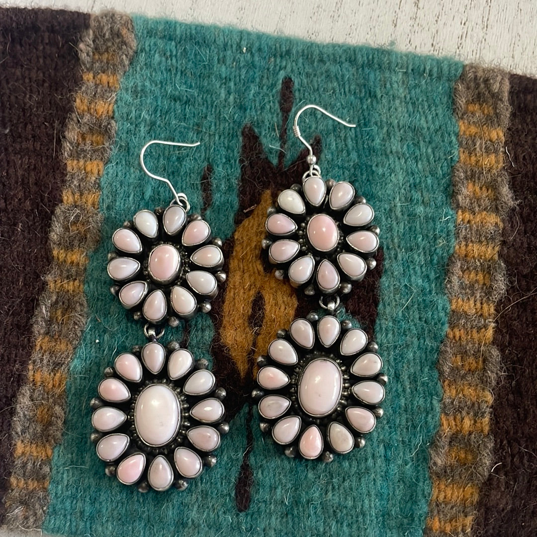 “The Sunday Morning” Navajo Pink Conch and Sterling Silver Flower Dangle Earrings Signed