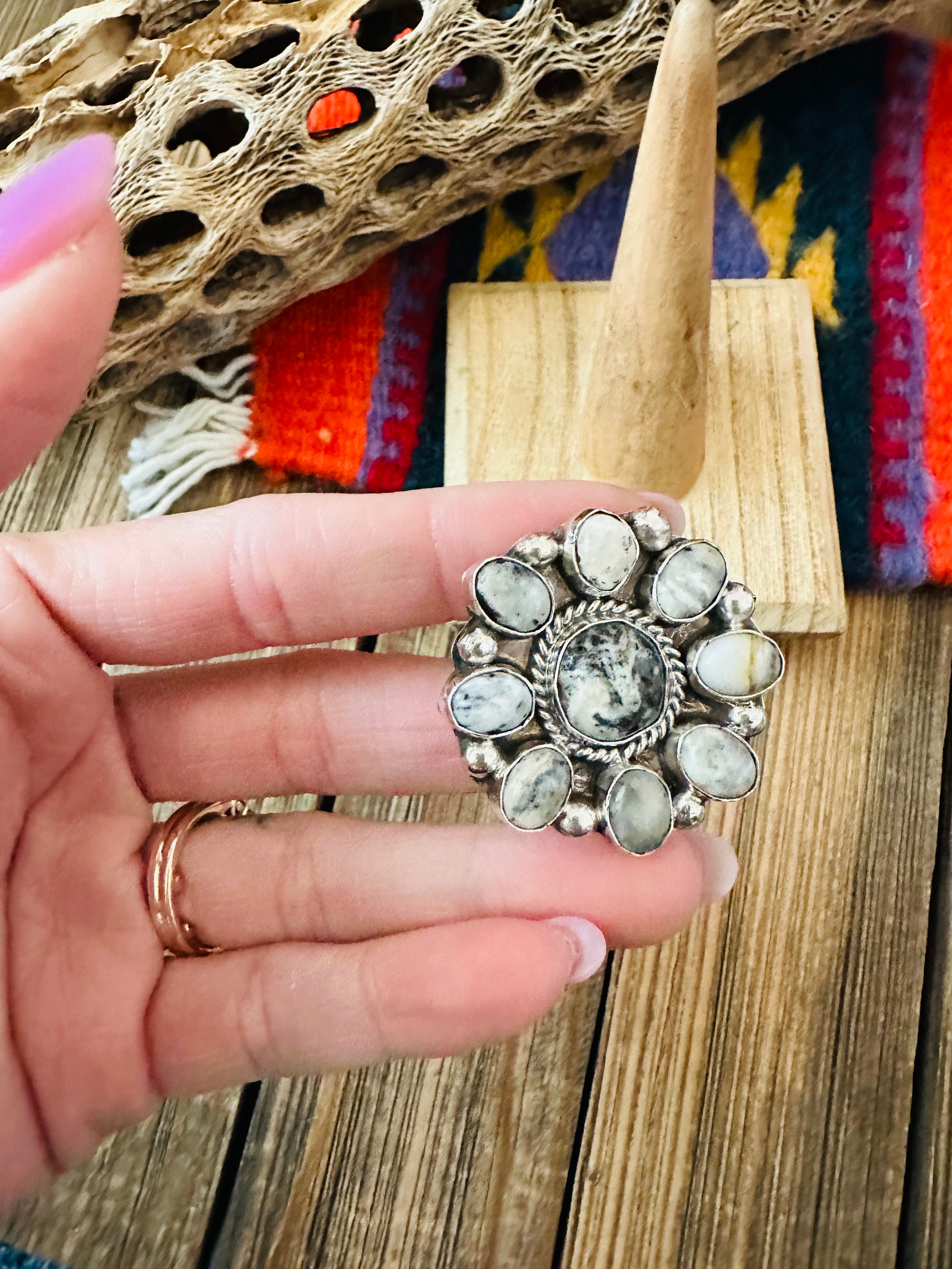 Navajo Sterling Silver And White Buffalo Cluster Adjustable Ring