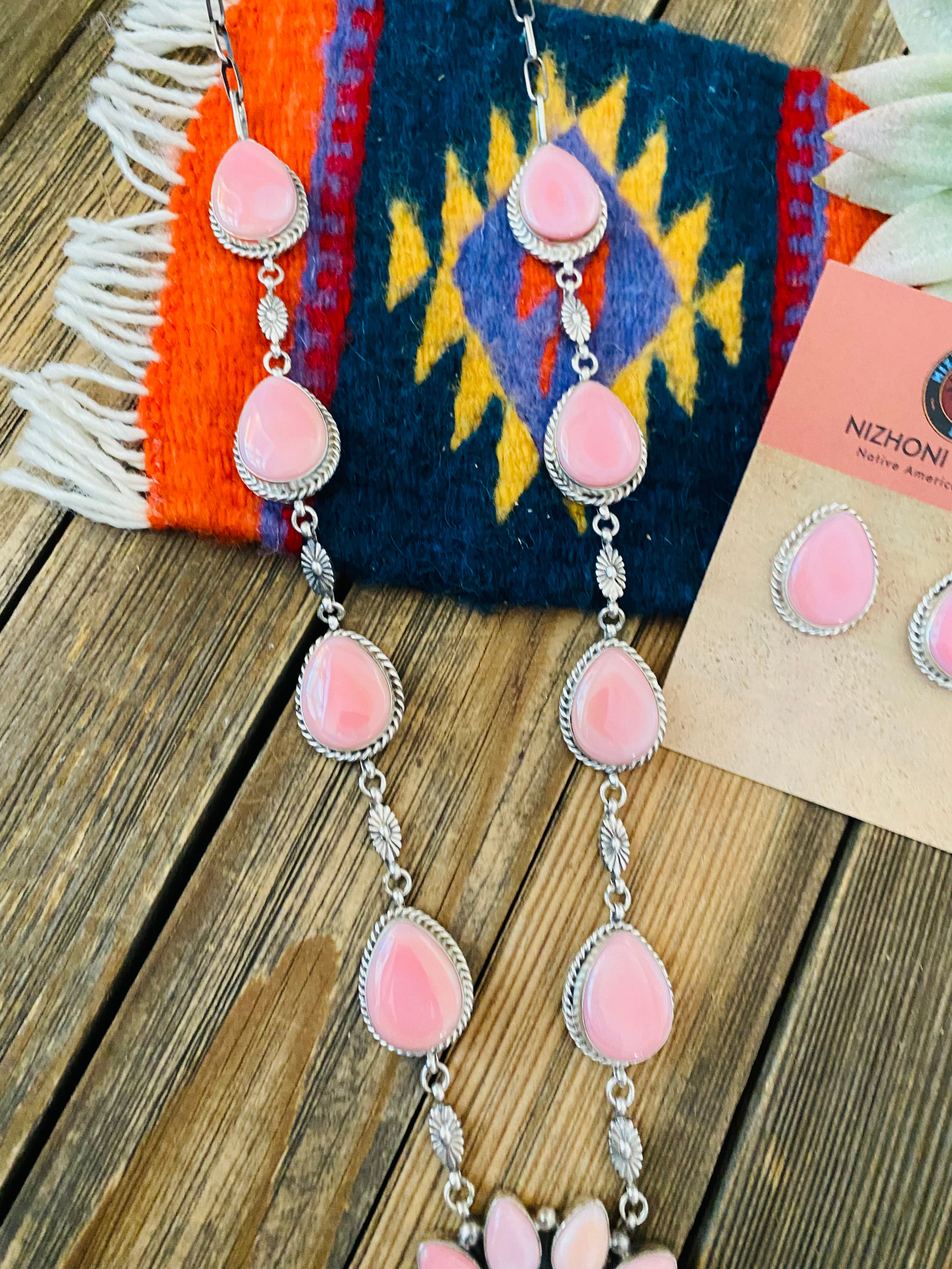 Navajo Pink Conch And Sterling Silver Necklace Earrings Set Signed Phyllis Smith