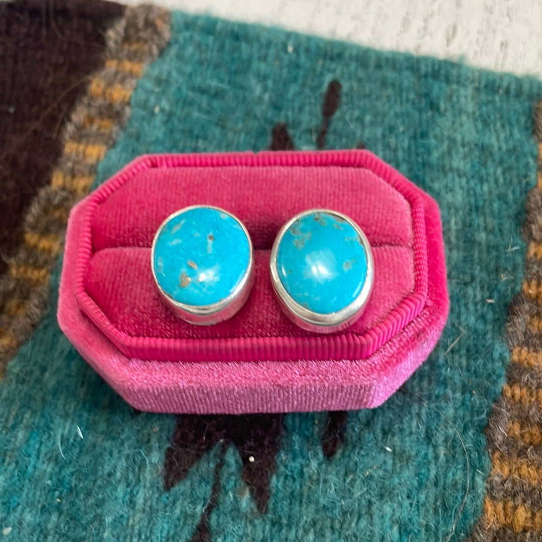 Navajo Turquoise & Sterling Silver Oval Stud Earrings Signed