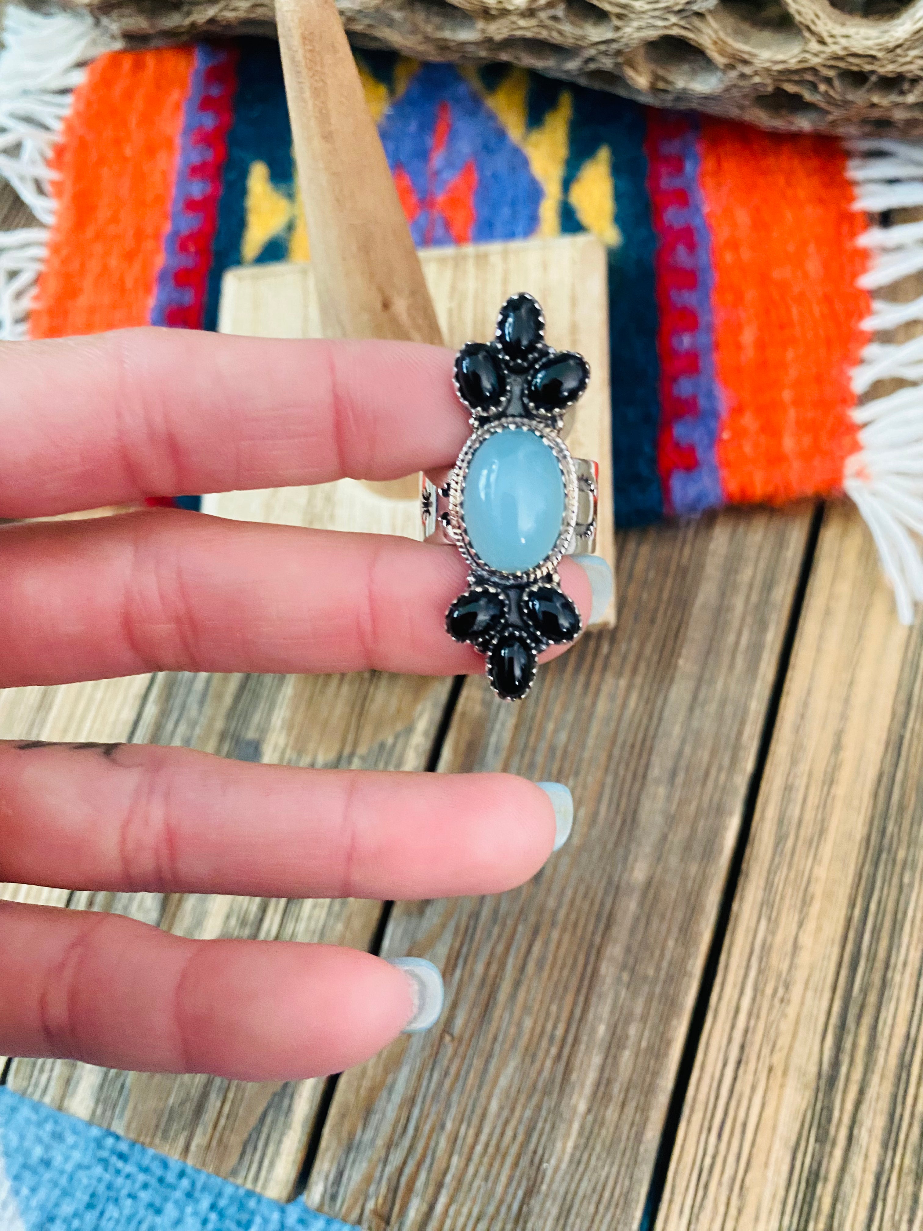 Handmade Sterling Silver, Opalite & Onyx Cluster Adjustable Ring