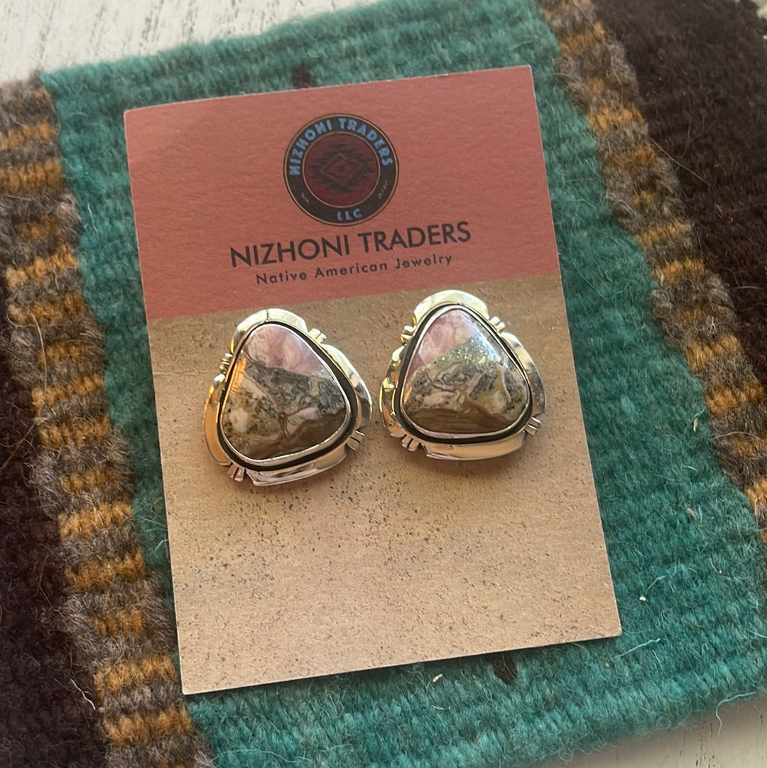 Navajo Sterling Silver & Rhodochrosite Stone Post Earrings Signed