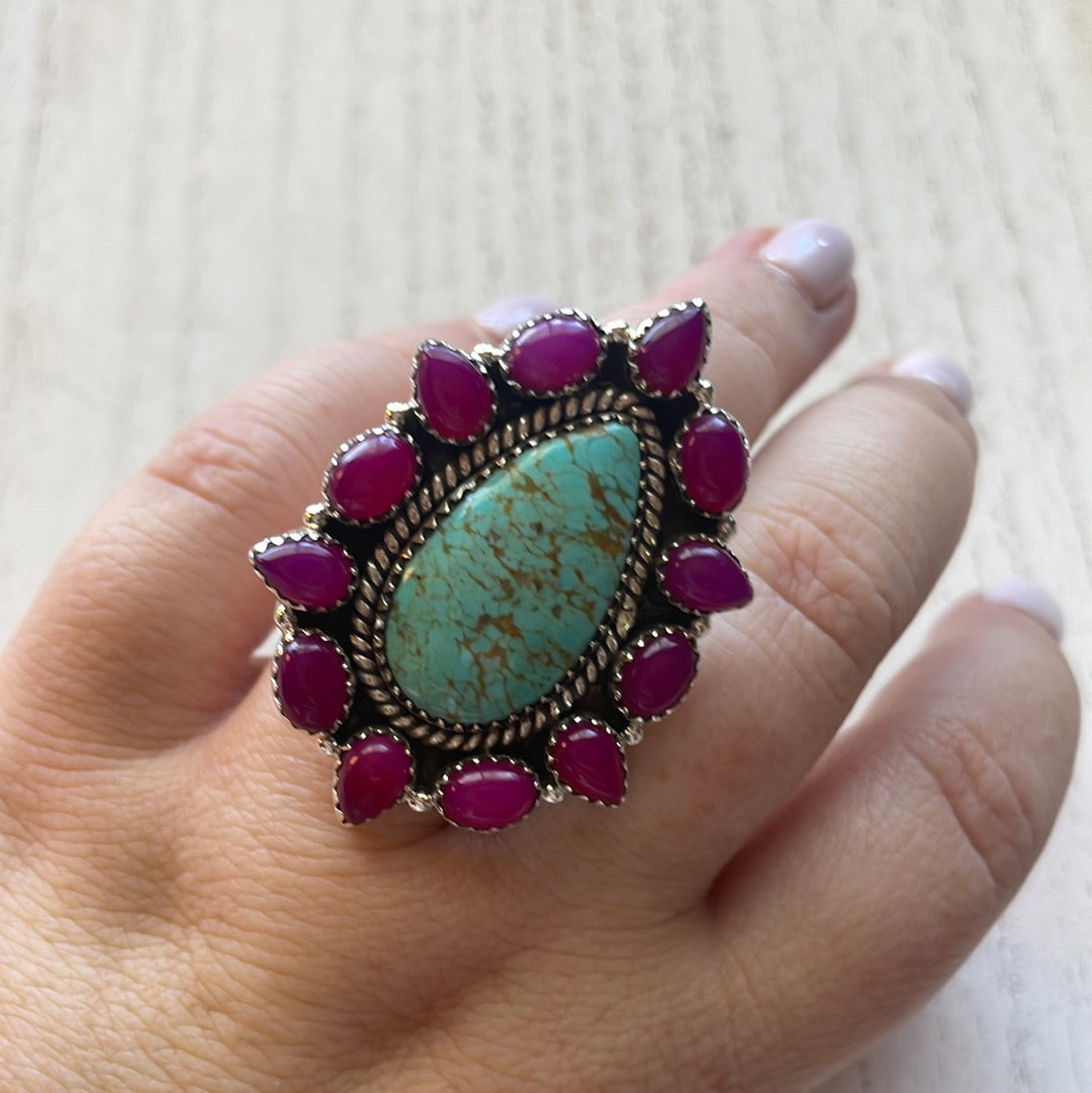 Handmade Pink Onyx & Turquoise Sterling Silver Adjustable Ring Signed Nizhoni