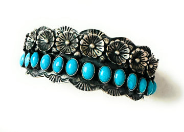 Navajo Turquoise & Sterling Silver Flower Cuff Bracelet /