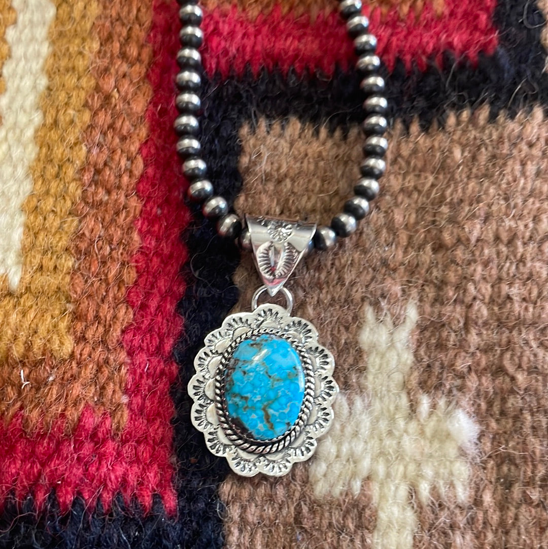 Handmade Sterling Silver & Kingman Web Turquoise Pendant Signed Nizhoni