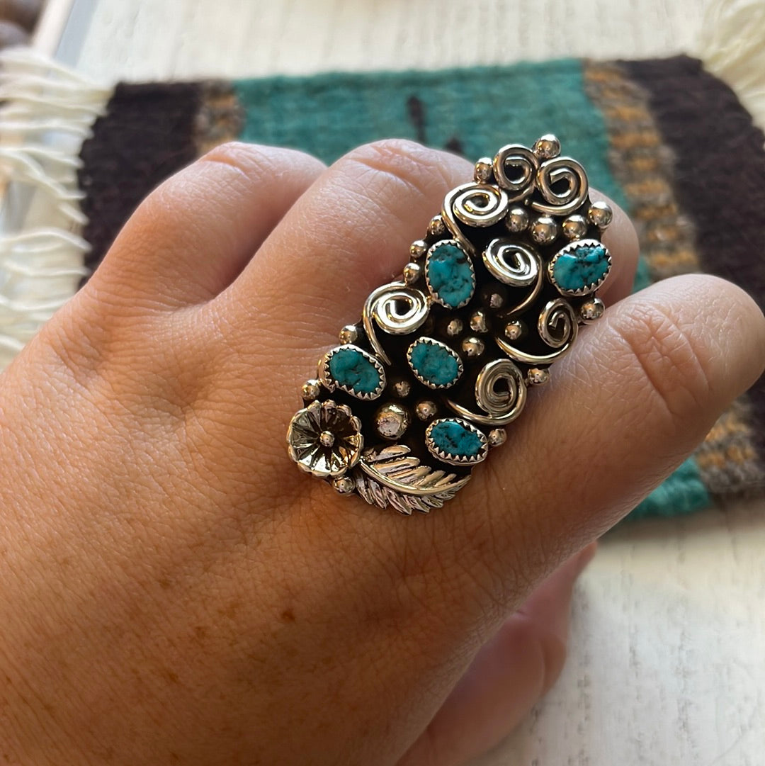 Navajo Sterling Silver & Turquoise Flower Ring Size 11.5