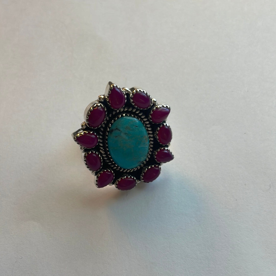 Handmade Pink Onyx & Turquoise Sterling Silver Adjustable Ring Signed Nizhoni