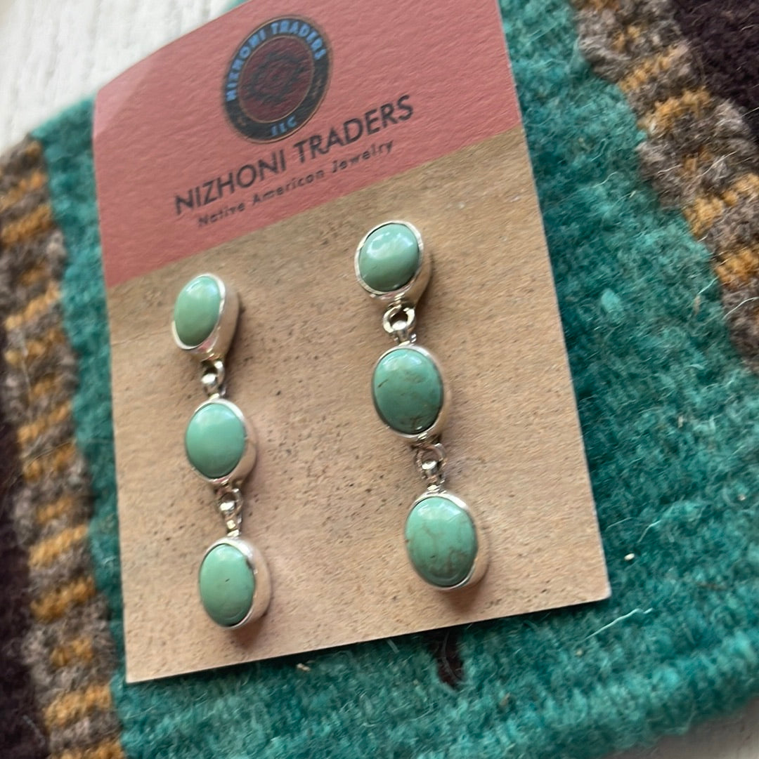 Navajo Turquoise & Sterling Silver 3 Stone Dangle Earrings