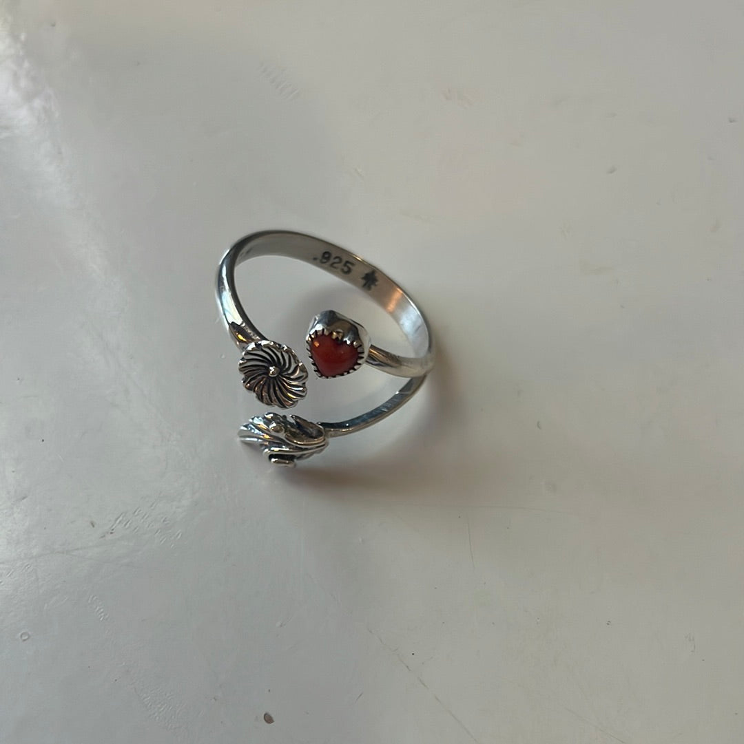 Navajo Coral And Sterling Silver Adjustable Flower Heart Ring