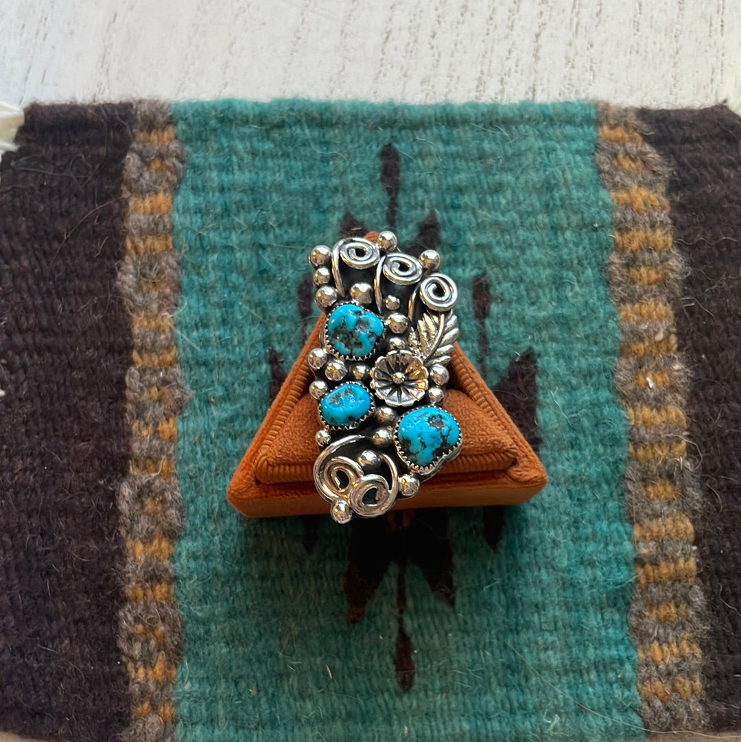 Navajo Sterling Silver & Turquoise Flower Ring Size 12