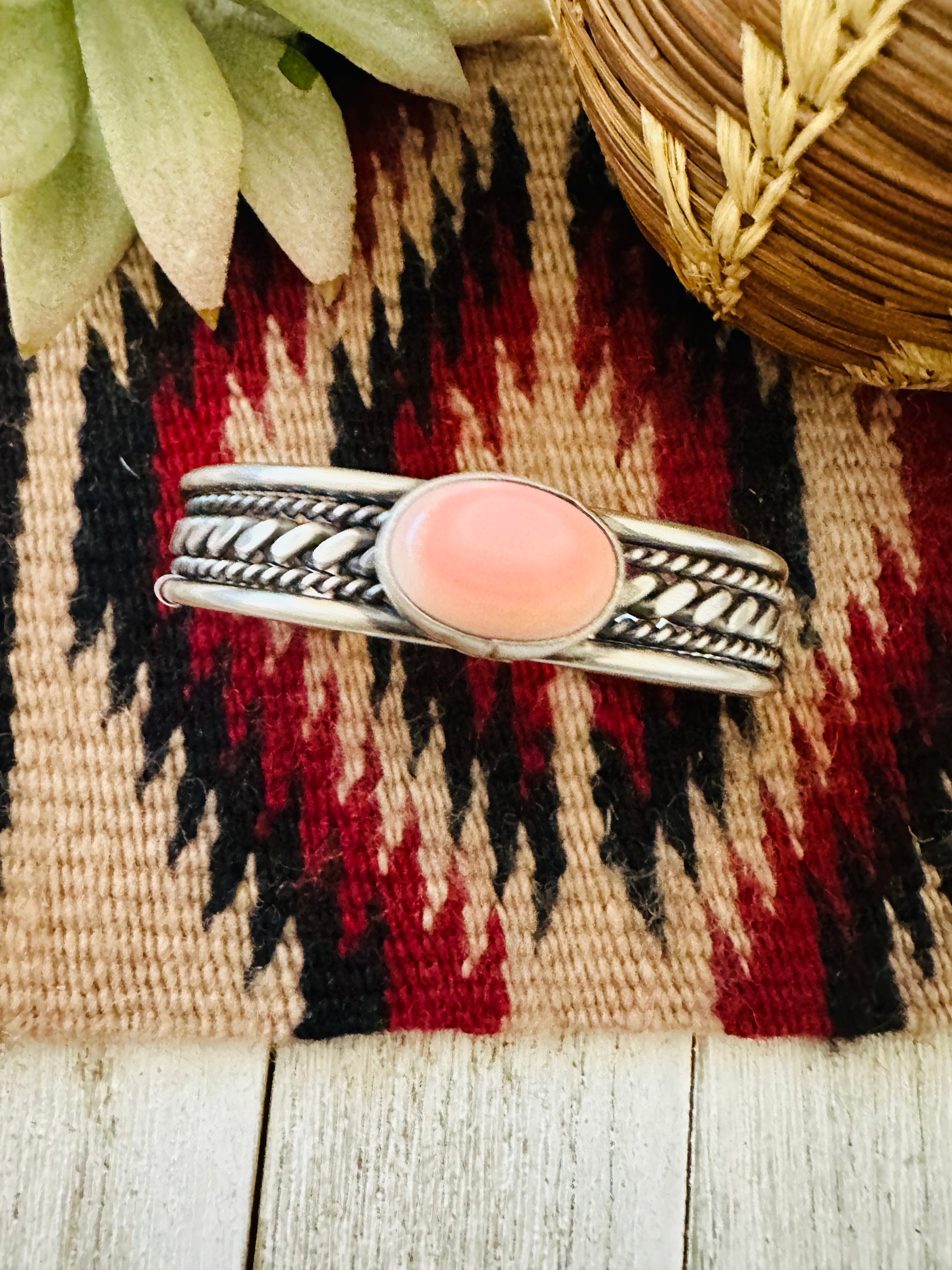 Navajo Queen Pink Conch Shell & Sterling Silver Cuff Bracelet