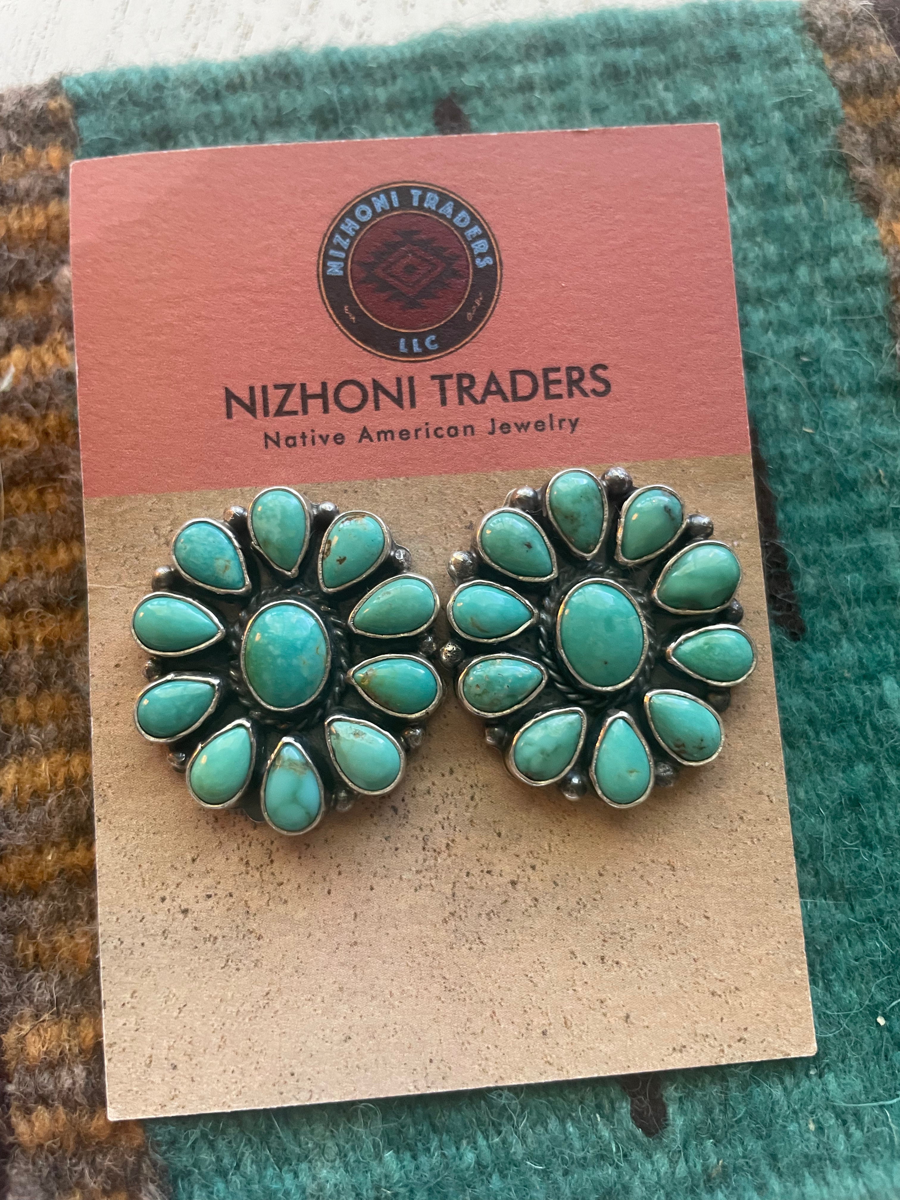 Navajo C Yazzie Sterling Silver & Turquoise Cluster Earrings Signed