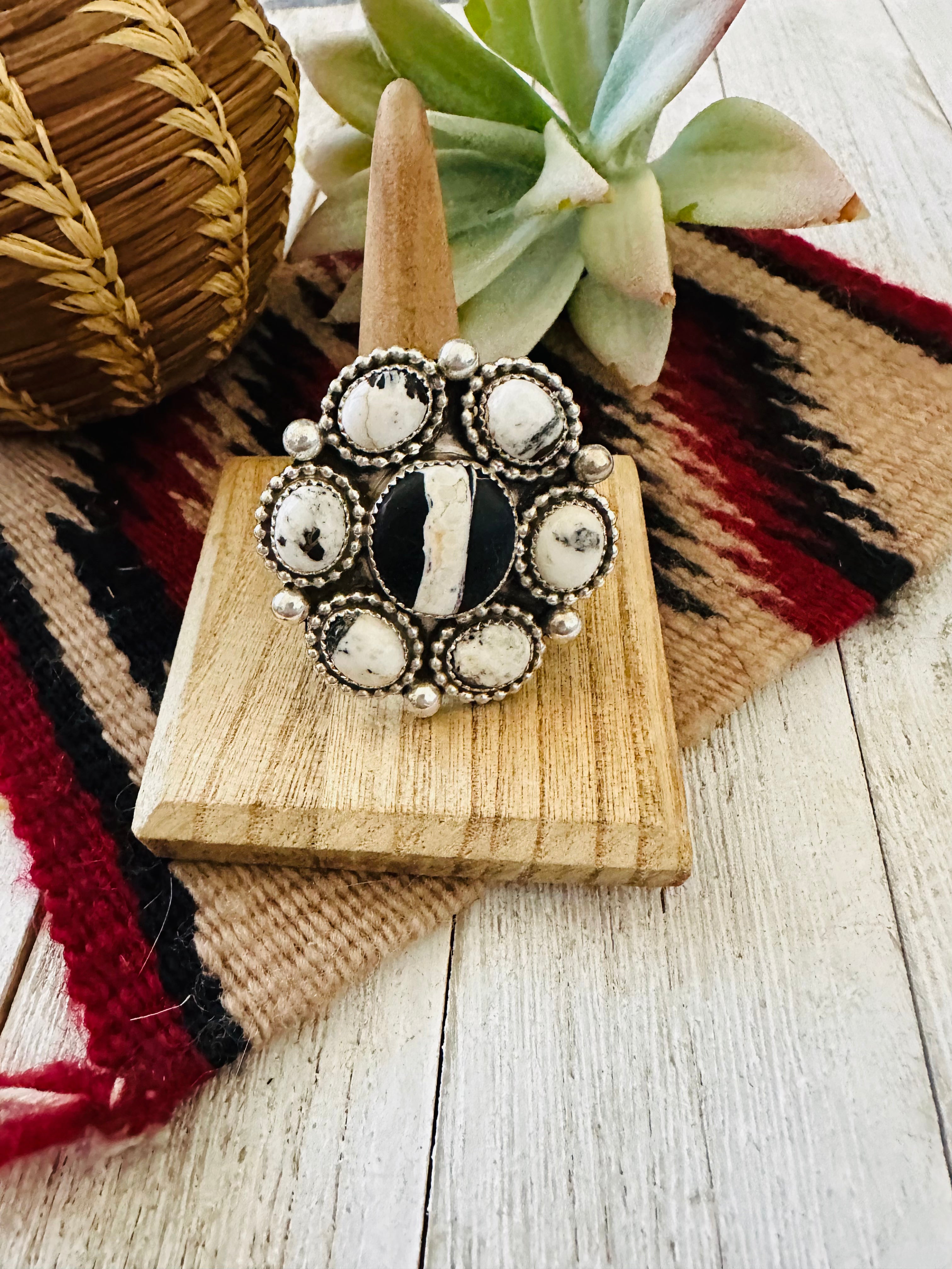 Navajo Sterling Silver And White Buffalo Cluster Adjustable Ring