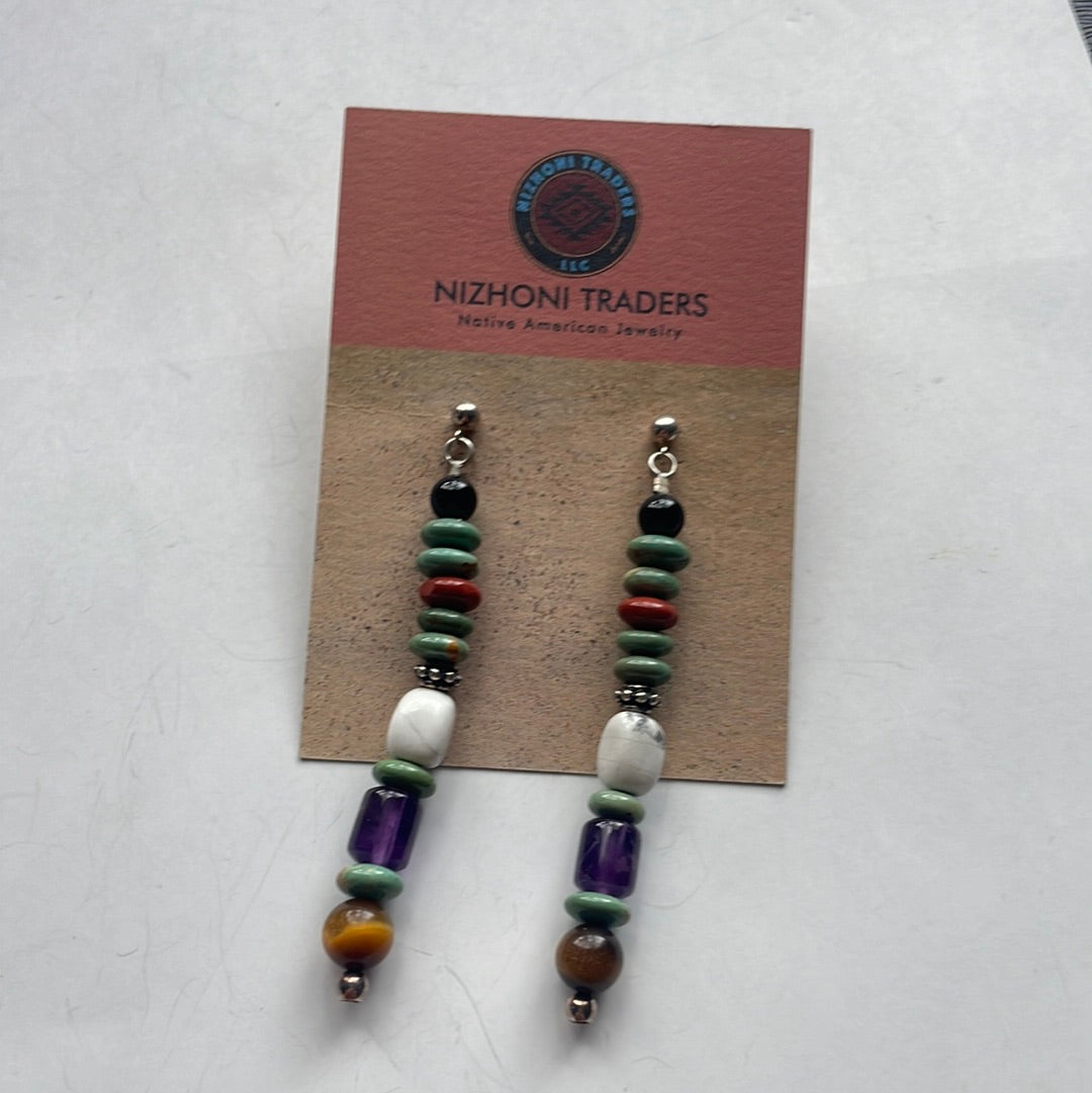 Navajo Sterling Silver And Multi Stone Dangle Beaded Earrings