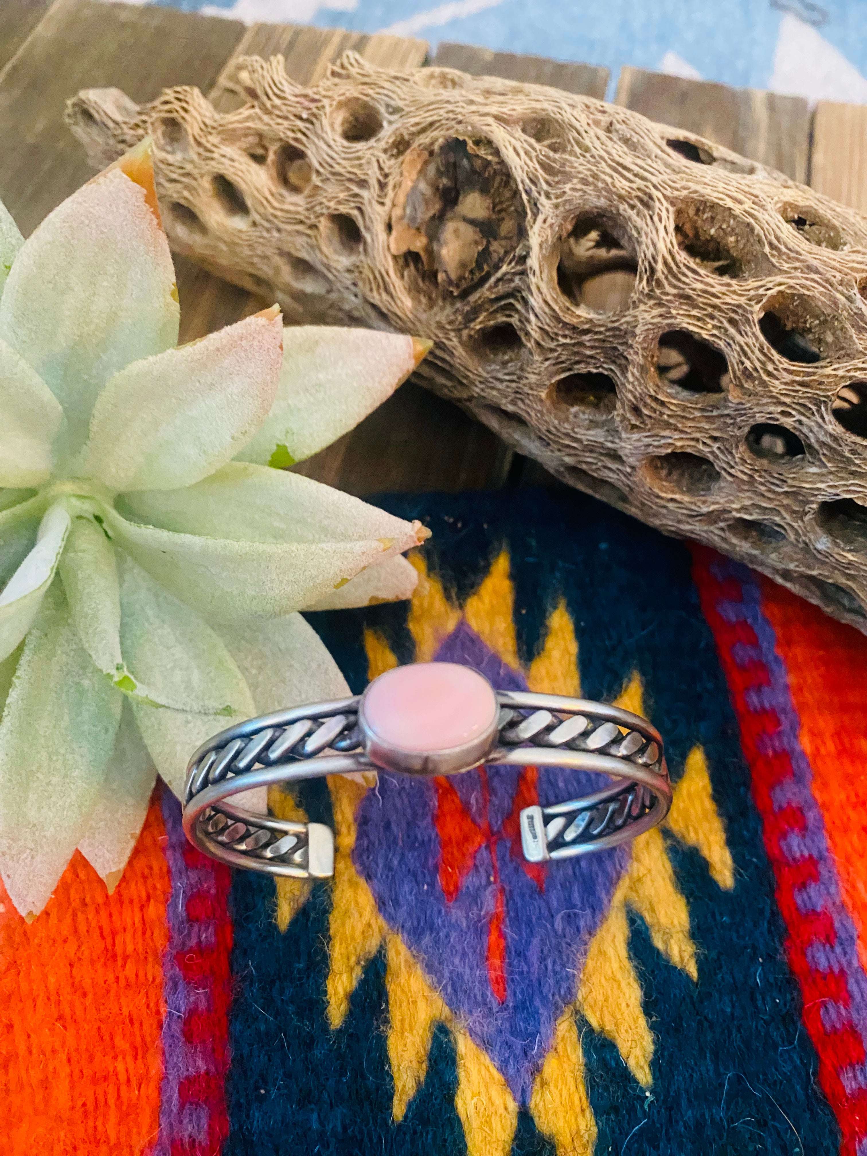 Navajo Queen Pink Conch Shell & Sterling Silver Cuff Bracelet