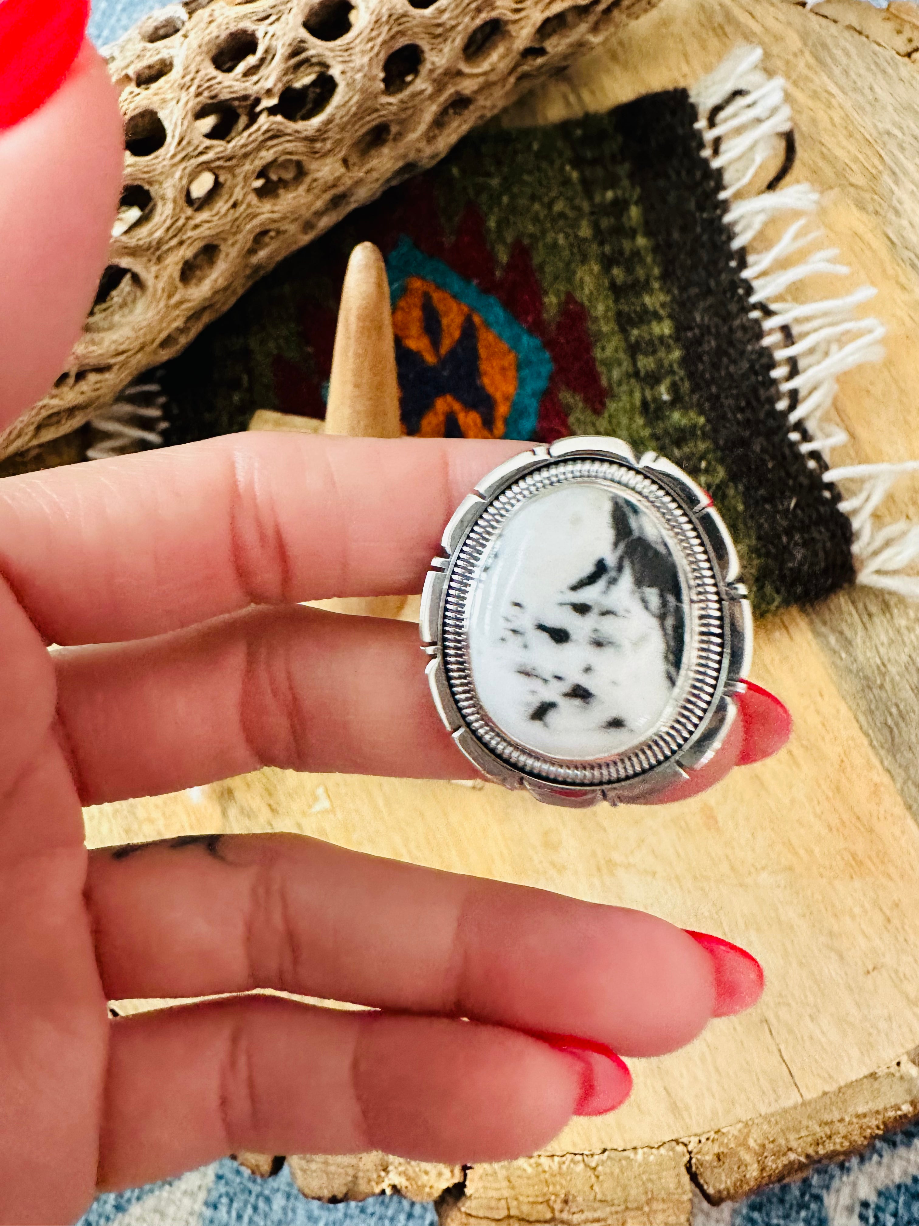 Navajo Sterling Silver & White Buffalo Ring Size 7 by Wydell Billie