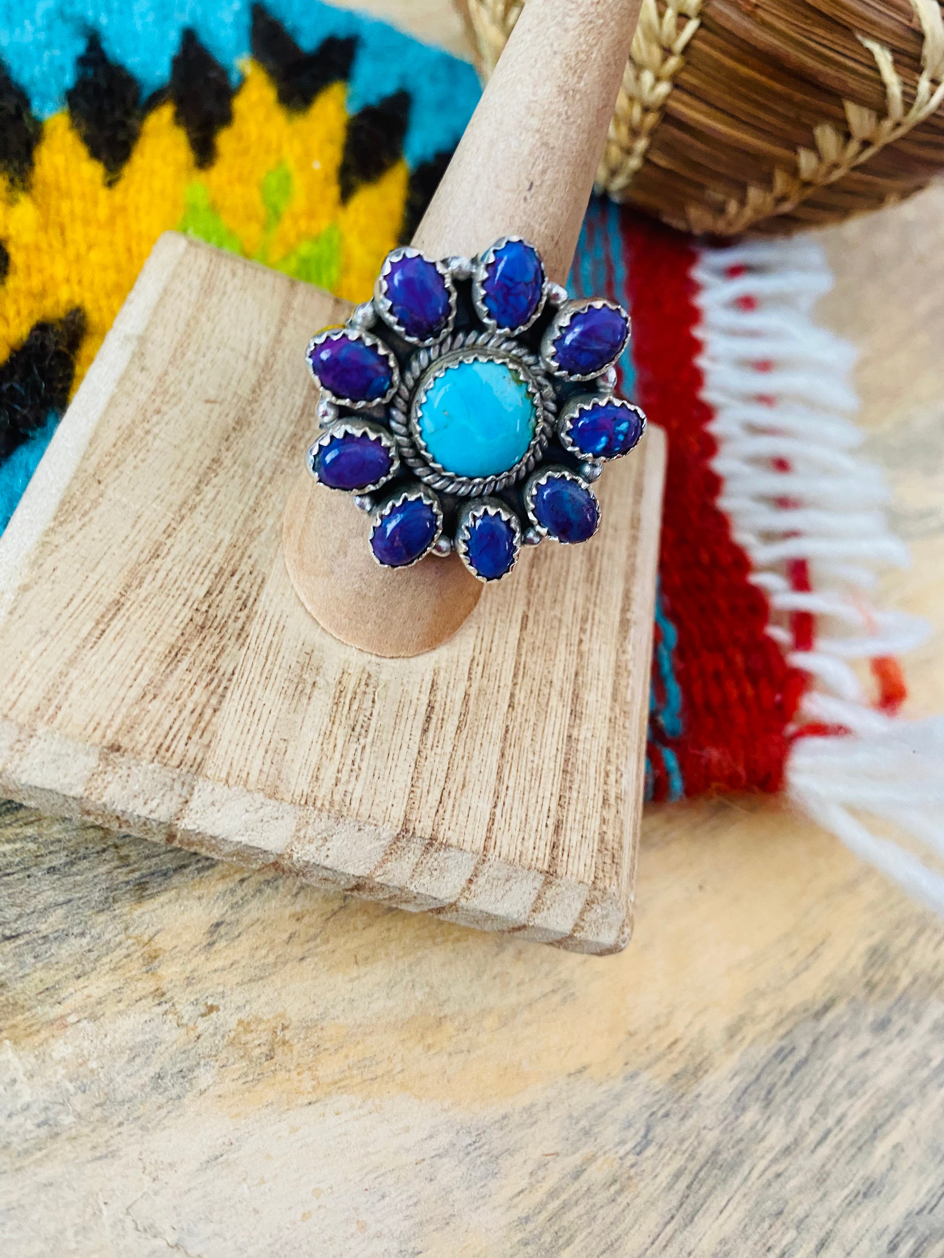 Handmade Sterling Silver, Turquoise & Purple Mojave Cluster Adjustable Ring