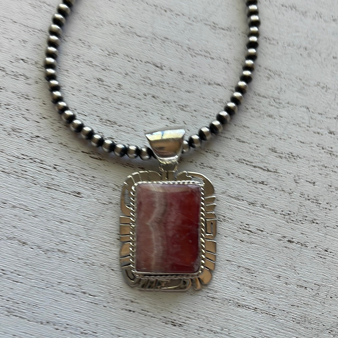 Navajo Sterling Silver & Rhodochrosite Pendant Signed