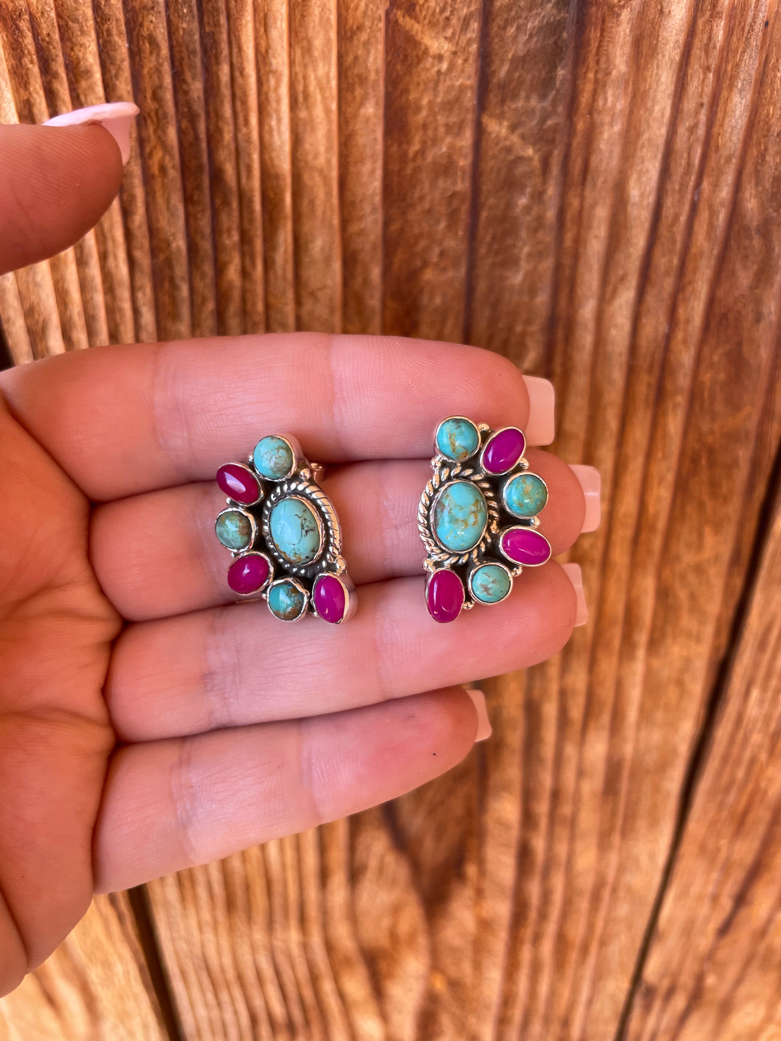 Handmade Pink Onyx, Turquoise & Sterling Silver Earrings Signed Nizhoni