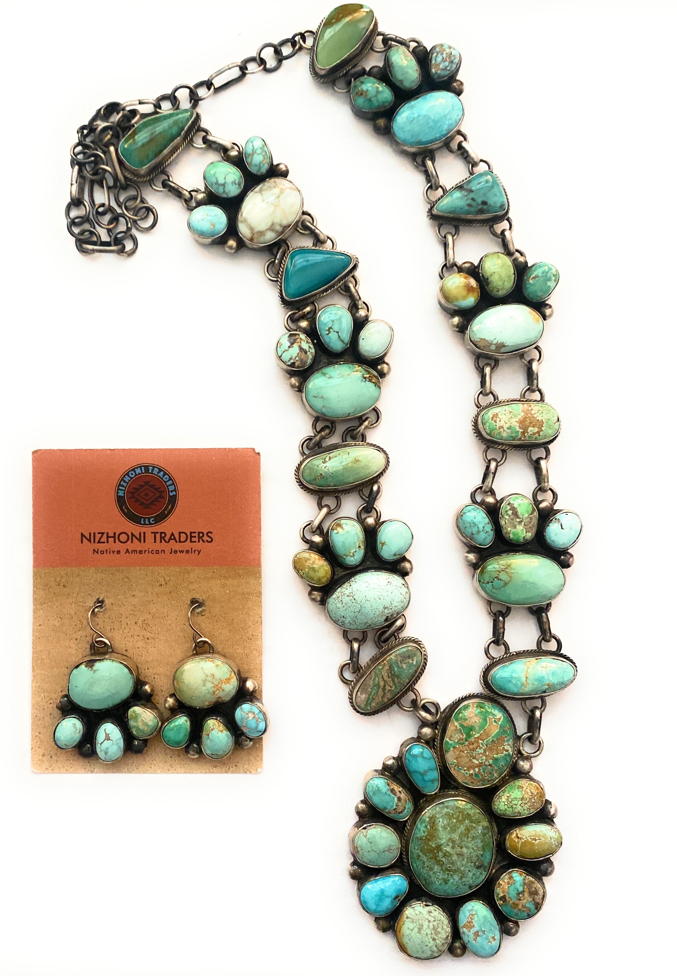 Stunning Navajo Carico Lake Turquoise & Sterling Silver Necklace Set