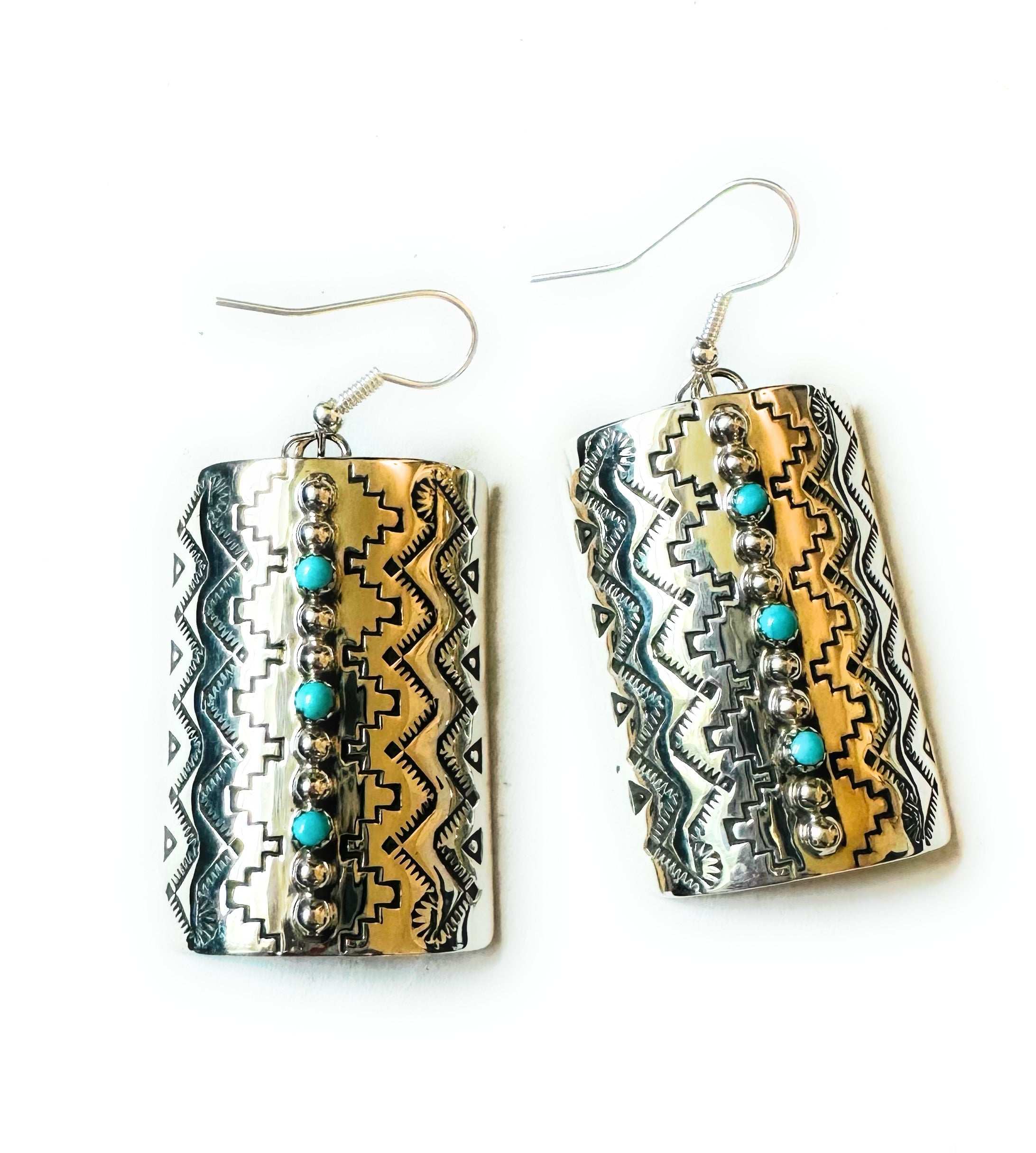 Navajo Hand Stamped Sterling Silver & Turquoise Dangle Earrings