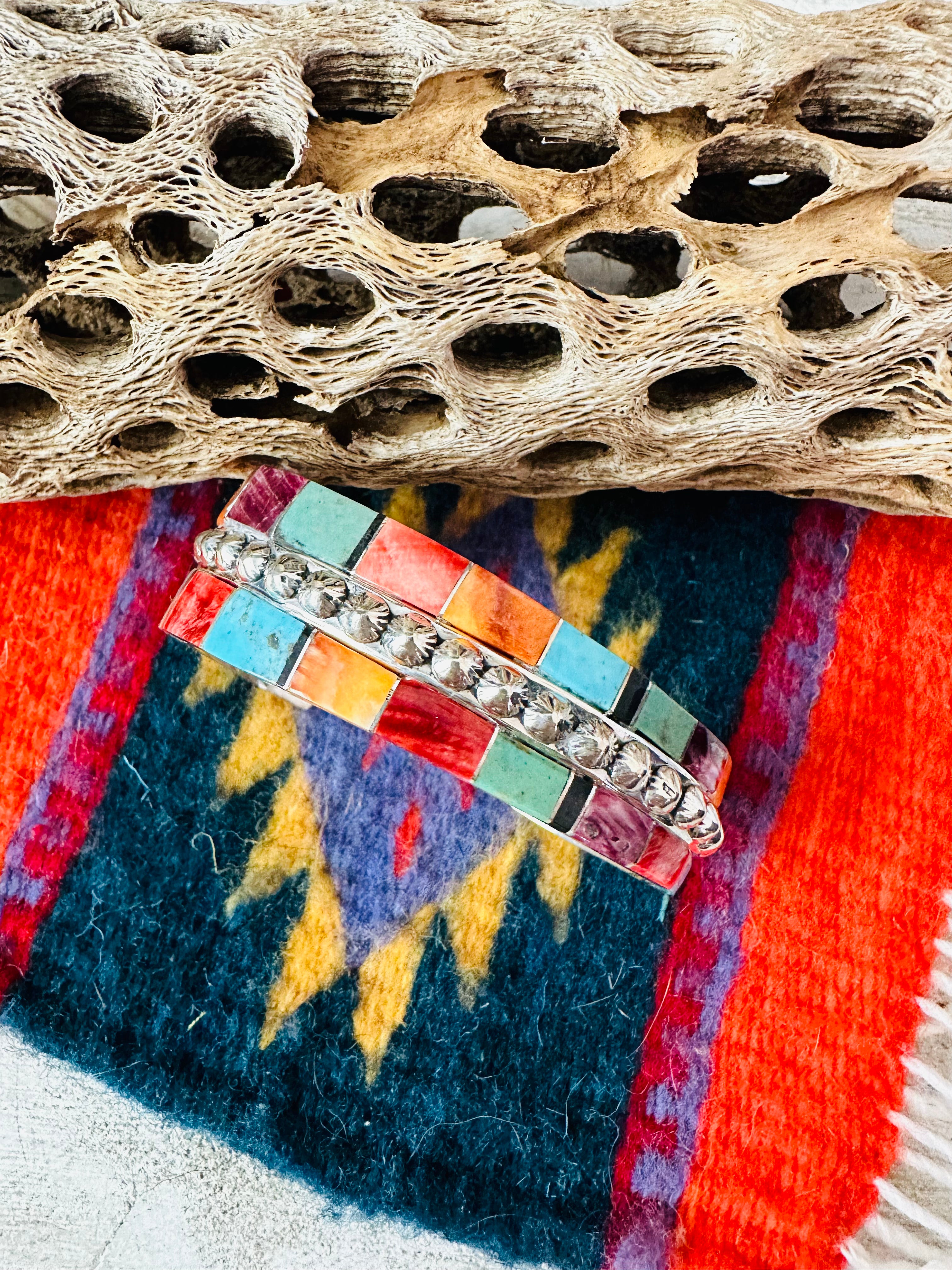 Navajo Multi Stone & Sterling Silver Inlay Cuff Bracelet