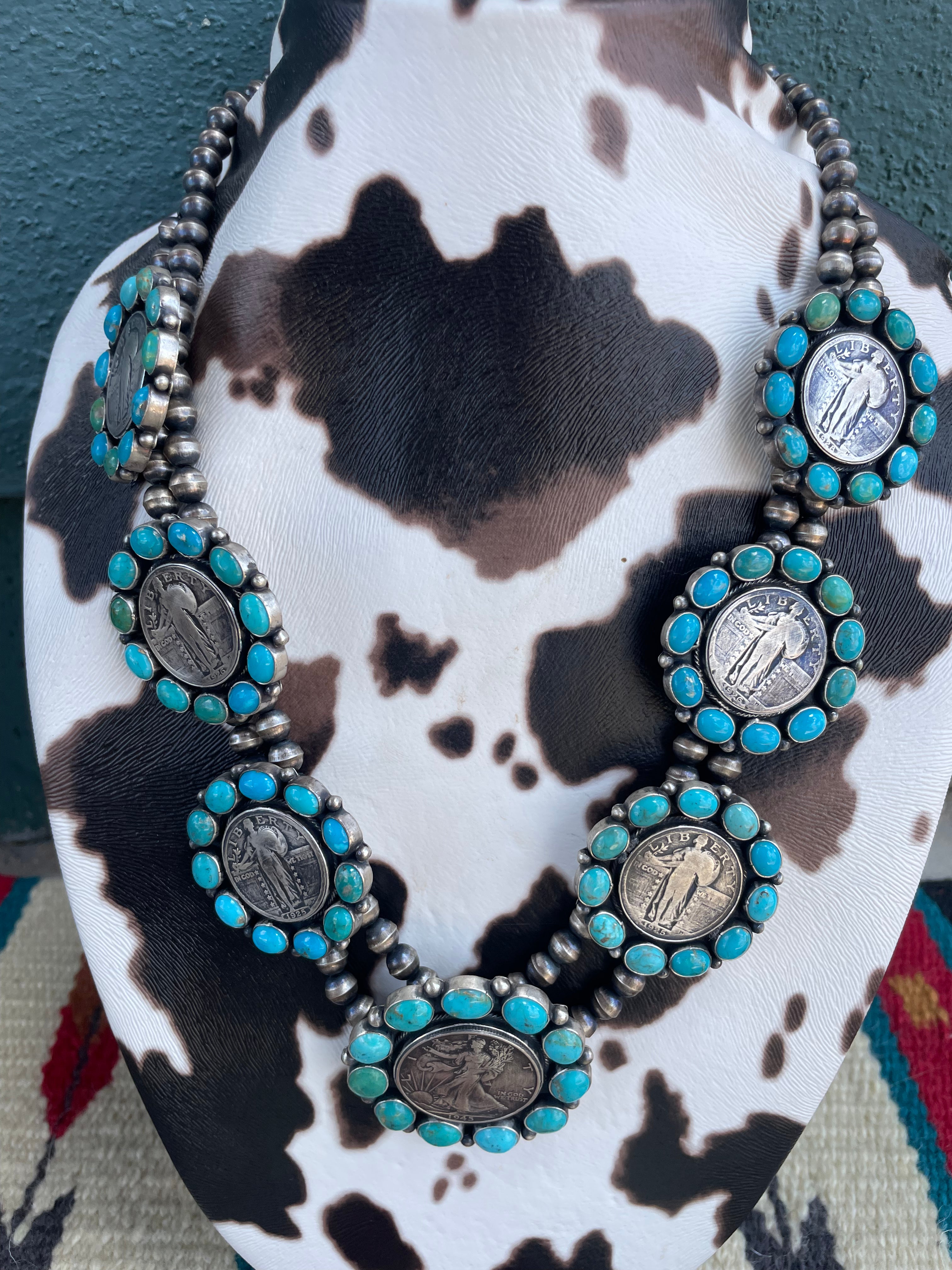 Navajo Turquoise & Sterling Silver Liberty Coin Necklace Earrings Set Signed Bea Tom