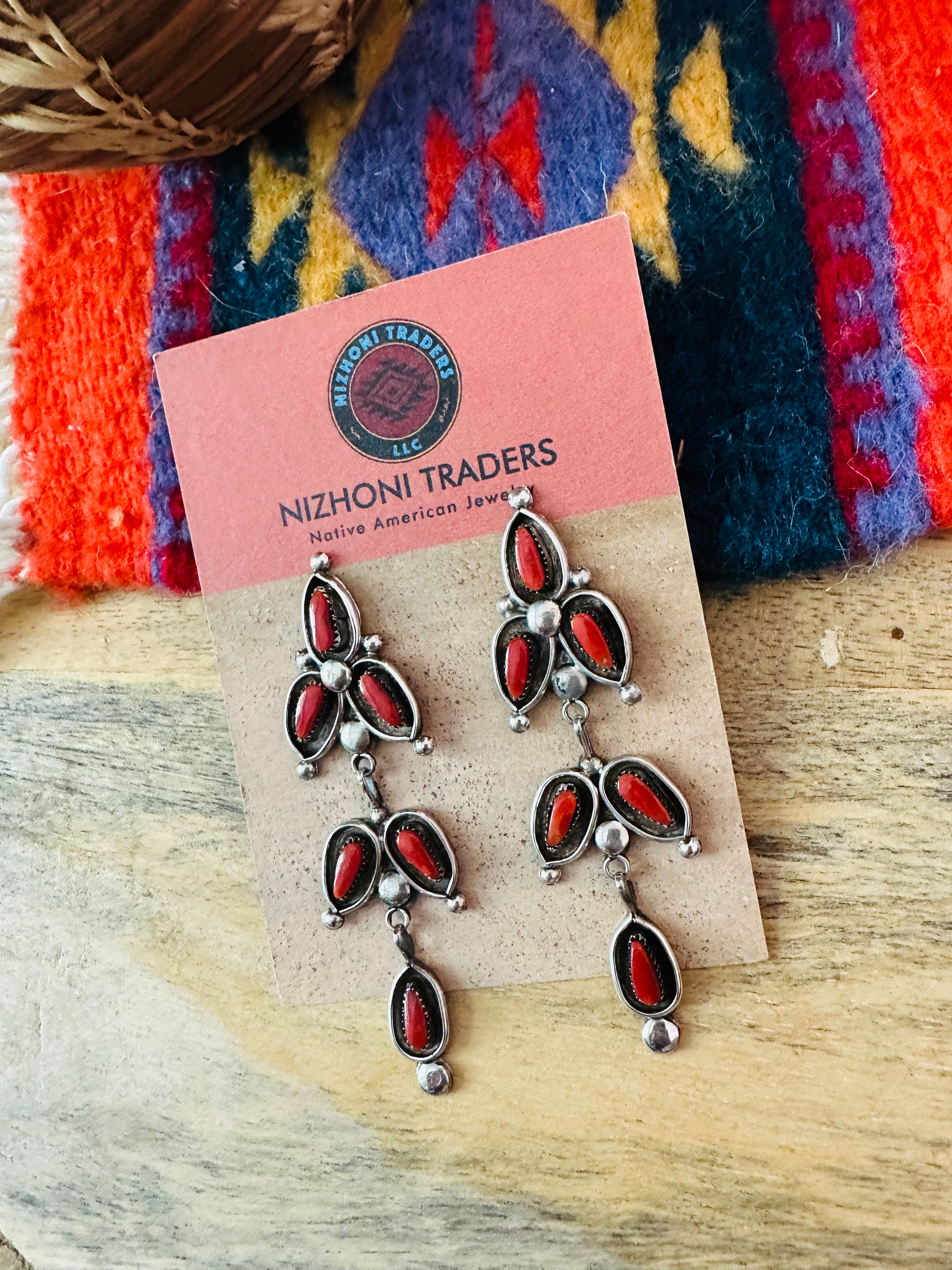 Navajo Coral & Sterling Silver Dangle Earrings