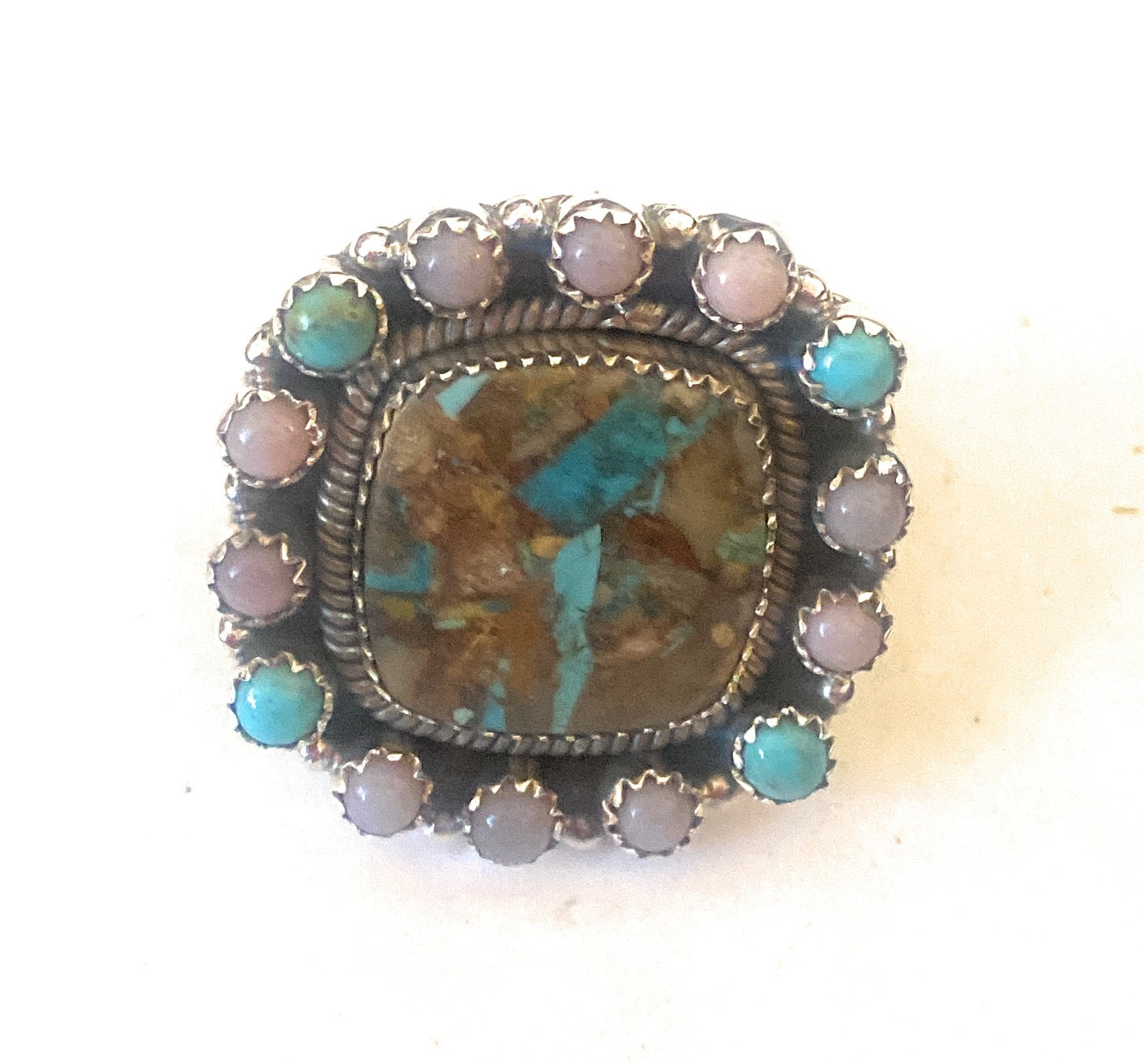 Handmade Sterling Silver, Turquoise & Mother of Pearl Cluster Adjustable Ring